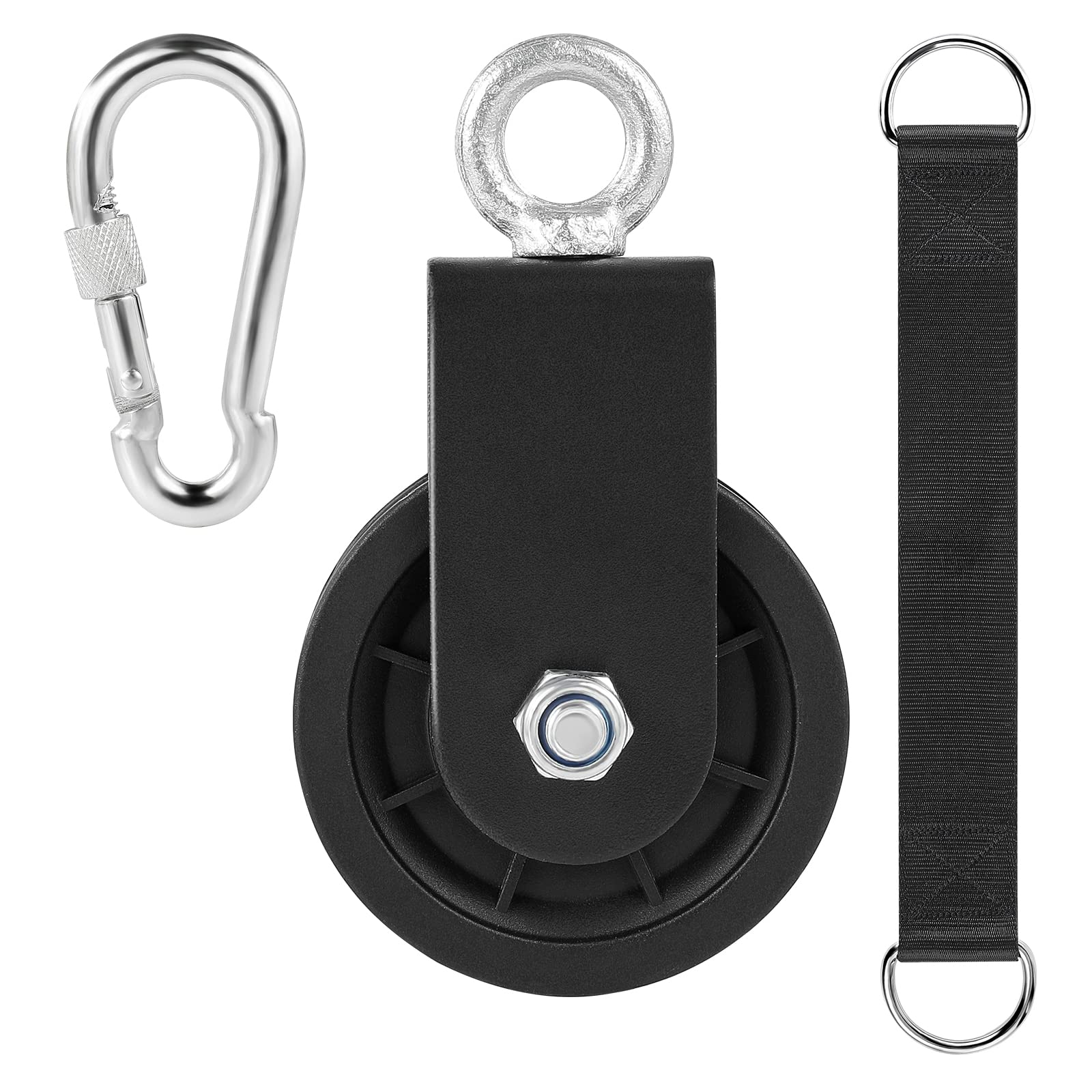 3.54 in Cable Pulley 360 Rotation Traction Wheel with Carabiner and Strap,Silence Smooth Detachable for DIY Gym Pulley System,DIY Gym Attachment