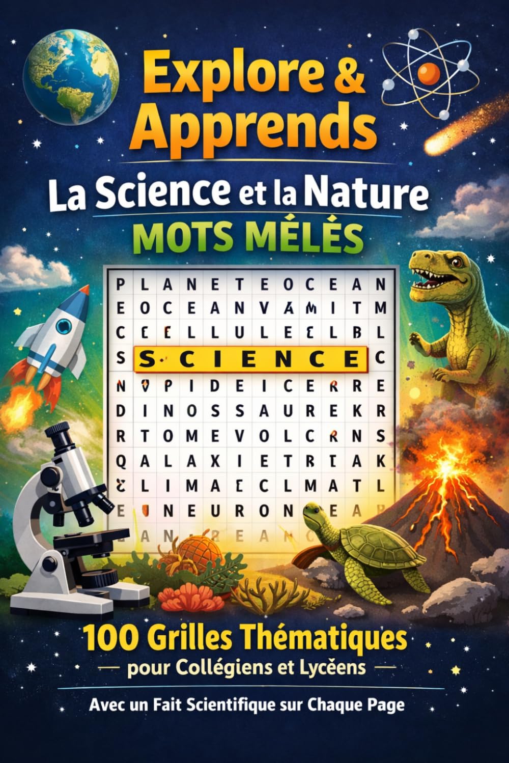 Explore & Apprends : La Science et la Nature — Mots Mêlés: 100 Grilles Thématiques pour Collégiens et Lycéens avec un Fait Scientifique sur Chaque Page