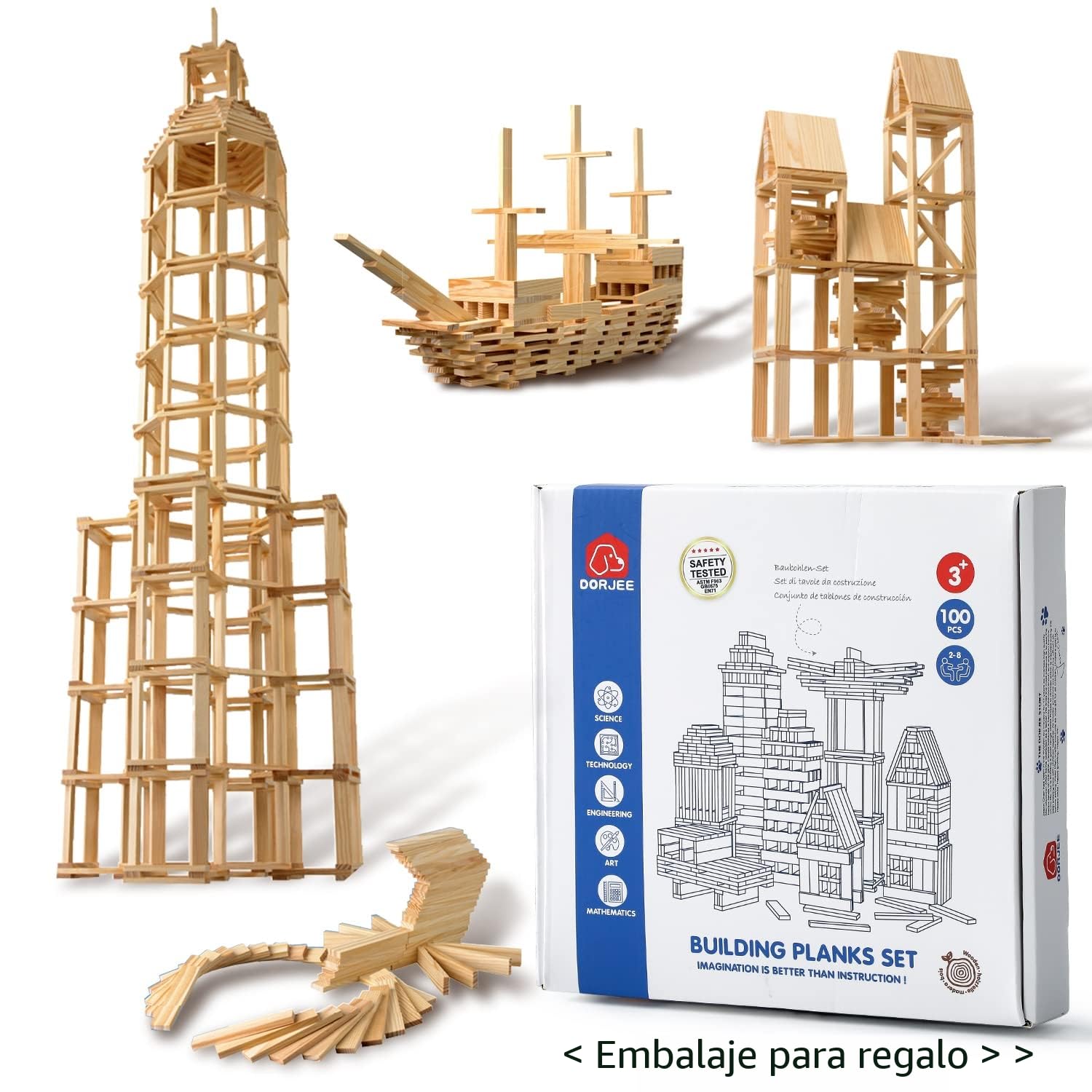 100 Bloques de construcción - Juguetes Niños 3 4 5 6 7 Años-Bloques de Madera Natural -Regalos Niños y NiñAs- Color Madera