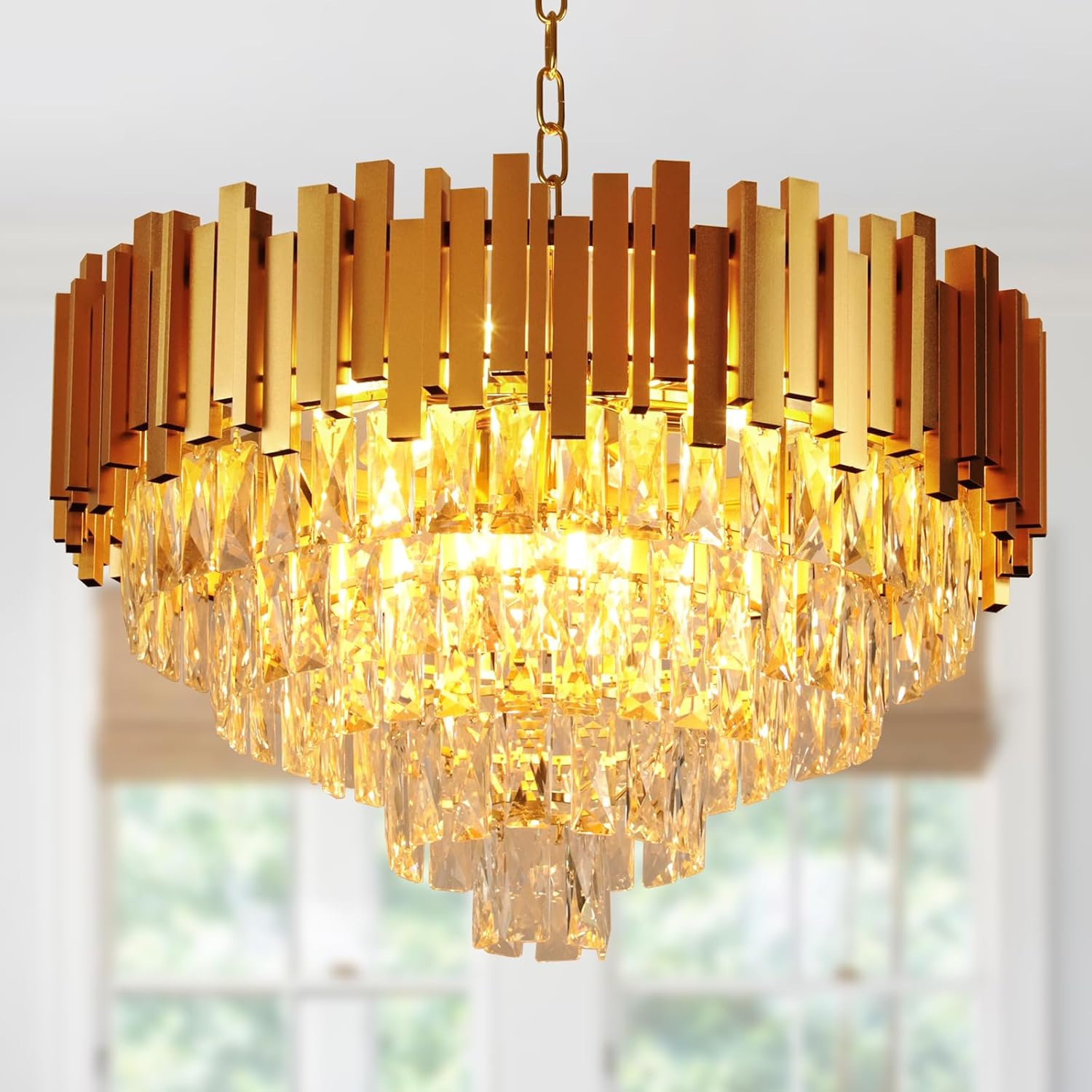 9-Light Modern Gold Crystal Chandelier 5-Tier Flush Mount Chandelier, 24" Luxury Round Hanging Light Fixture for Living Room Bedroom Dining Room Foyer, Included Bulbs UL Listed D:24 in