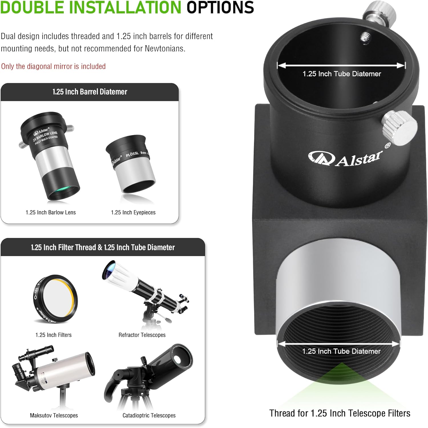 Alstar 1.25 inch 6mm 66-Degree Telescope Eyepiece - Bundle with - 1.25 inch 90 Degree Diagonal Mirror
