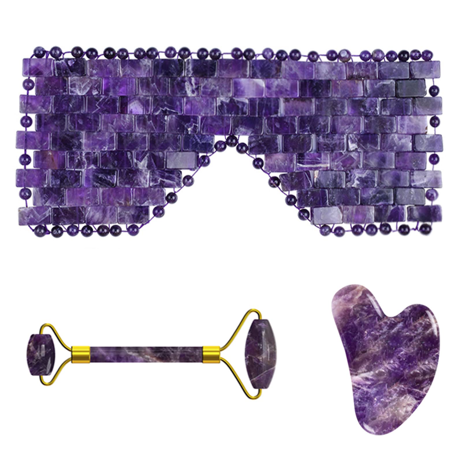 Rodillo de jade amatista Gua Sha Board para levantamiento de cara, máscara de ojos de cristal morado natural, herramienta de cuidado de la piel, juego 3 en 1-Pu-VL