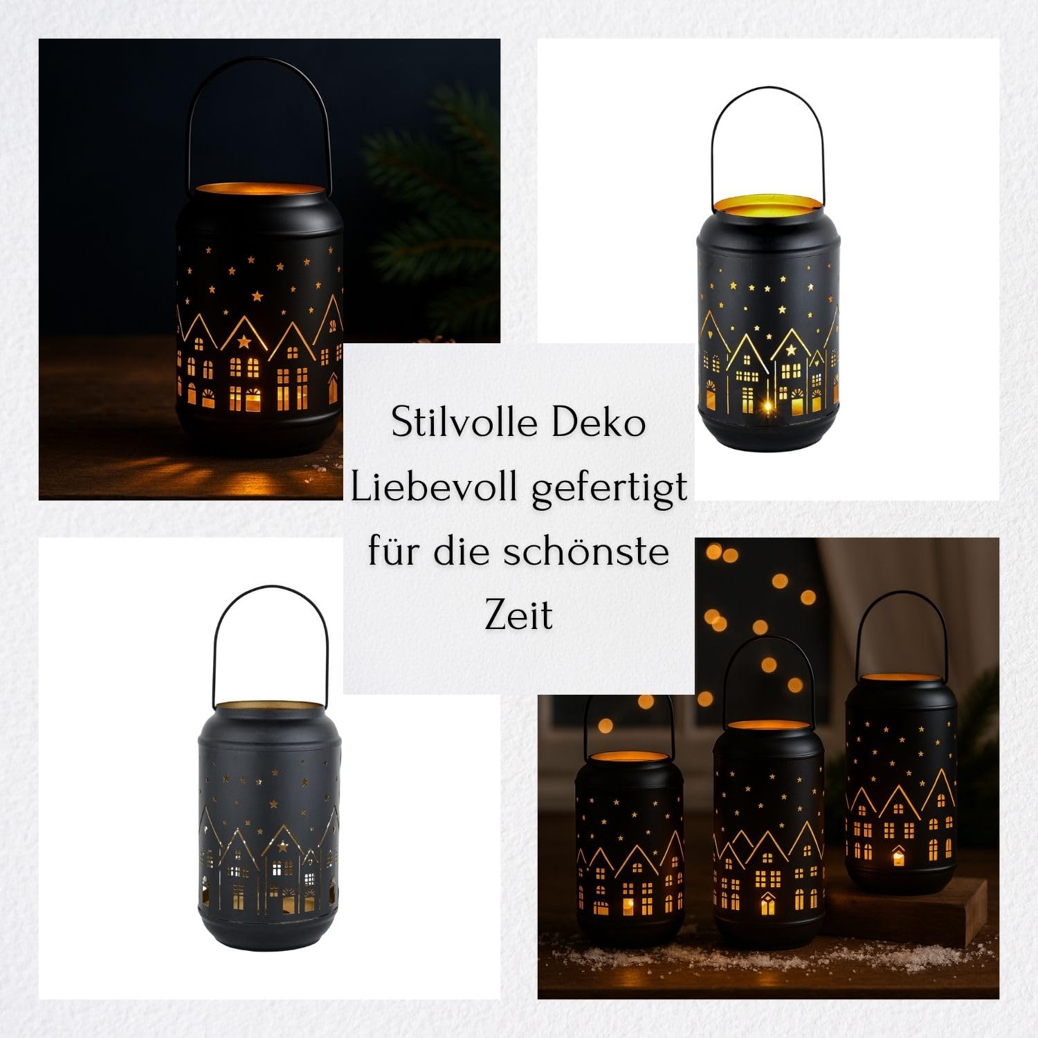 Marrakech Juego de 2 portavelas decorativas Glowtree negro y dorado, 20 cm, con diseño de casas, de metal, candelabros escandinavos, farol moderno, decoración de Adviento, decoración navideña y