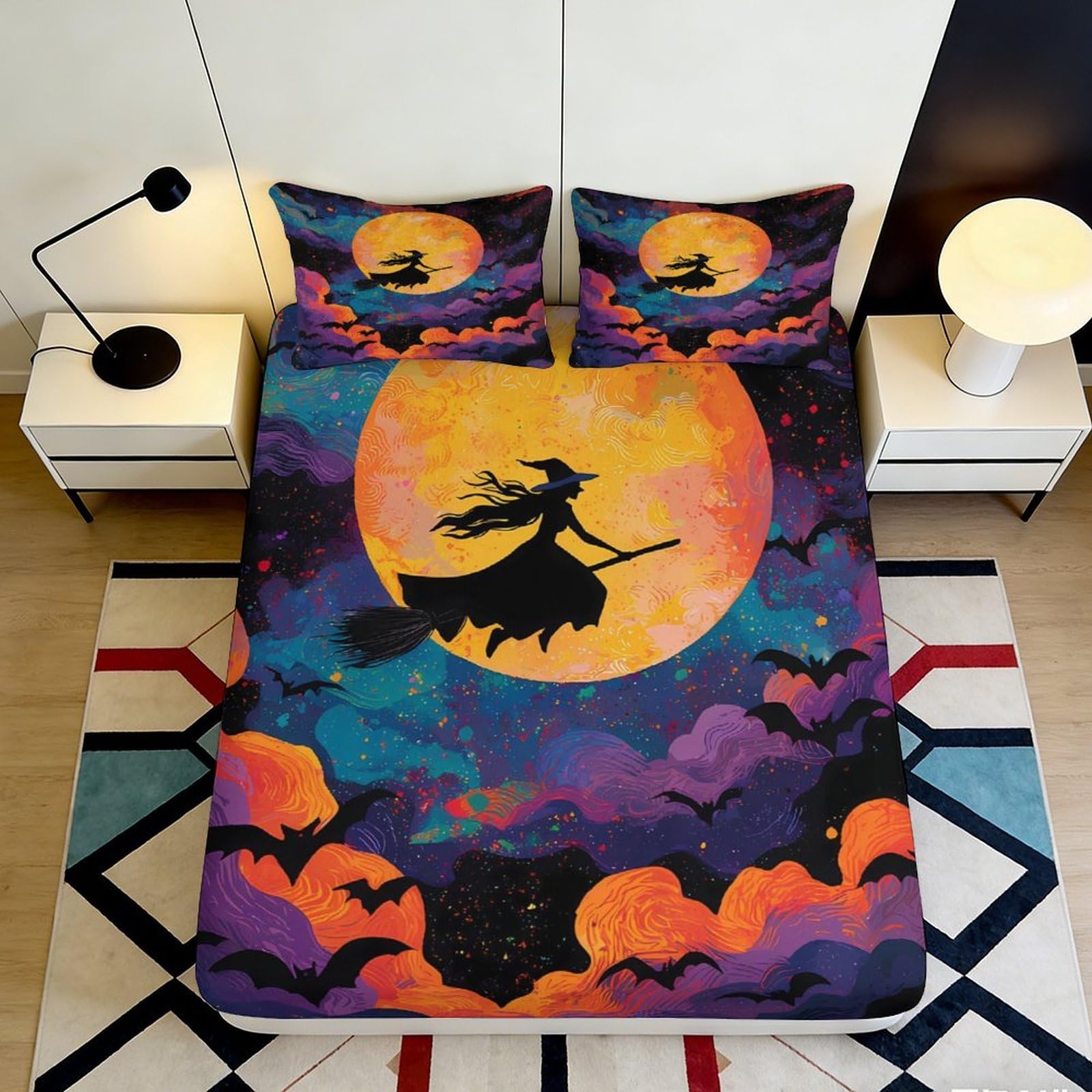 3D Printed Witch Moon Fitted Sheet Microfiber Soft Breathable Halloween Bed Cover with Bats Mattress Cover for Bedroom Dormitory Guest Room Decor 120x200x25cm