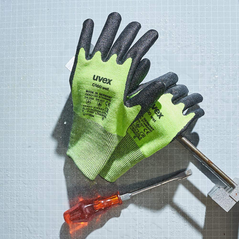 UVEX C500 Wet 60492 - Guantes anticortes (talla 7, tejido mixto, fibra de vidrio, plástico, caucho, 100 pares)