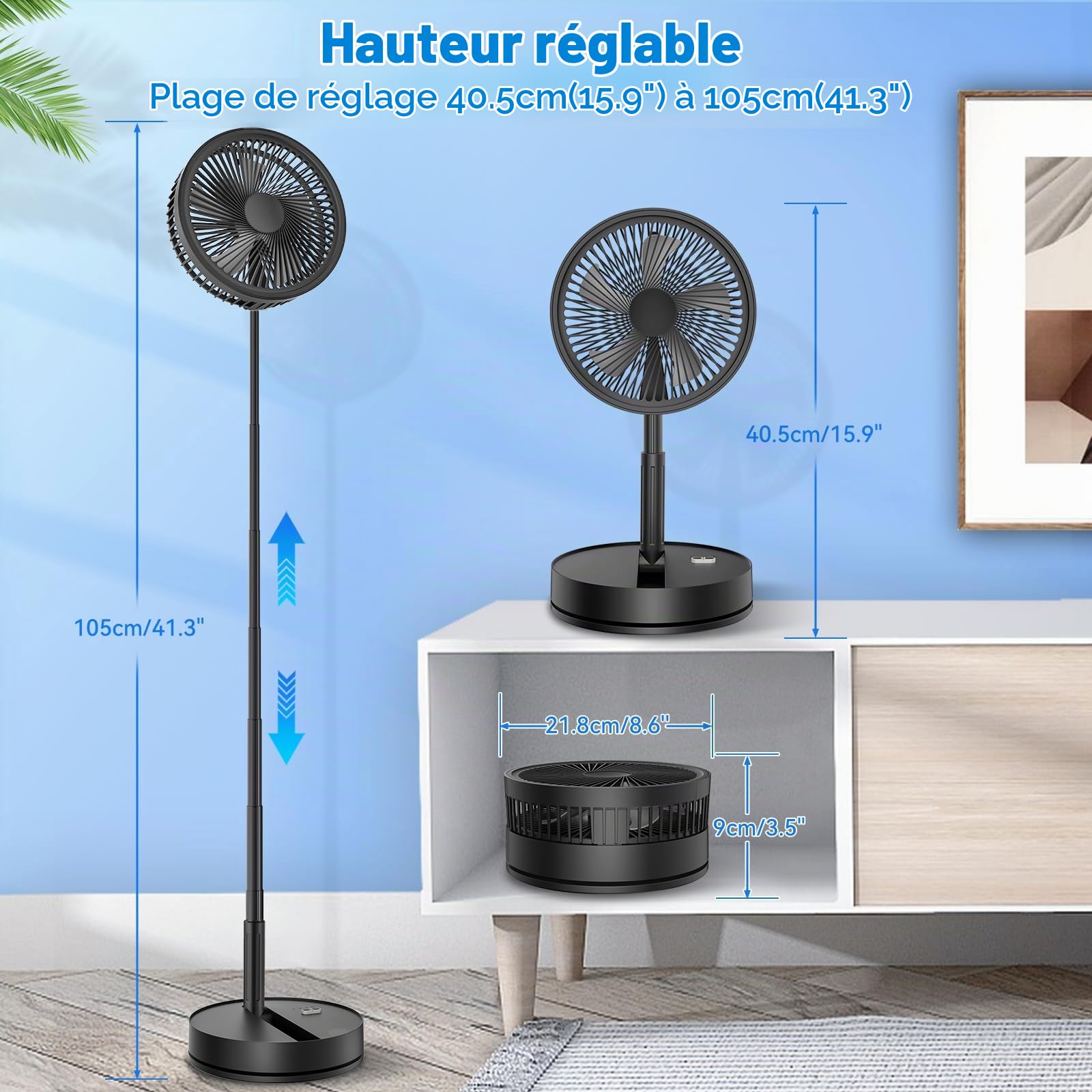 LIPETY Ventilateur sur Pied Portable Pliable Rechargeable - 8000 mAh 8.6"