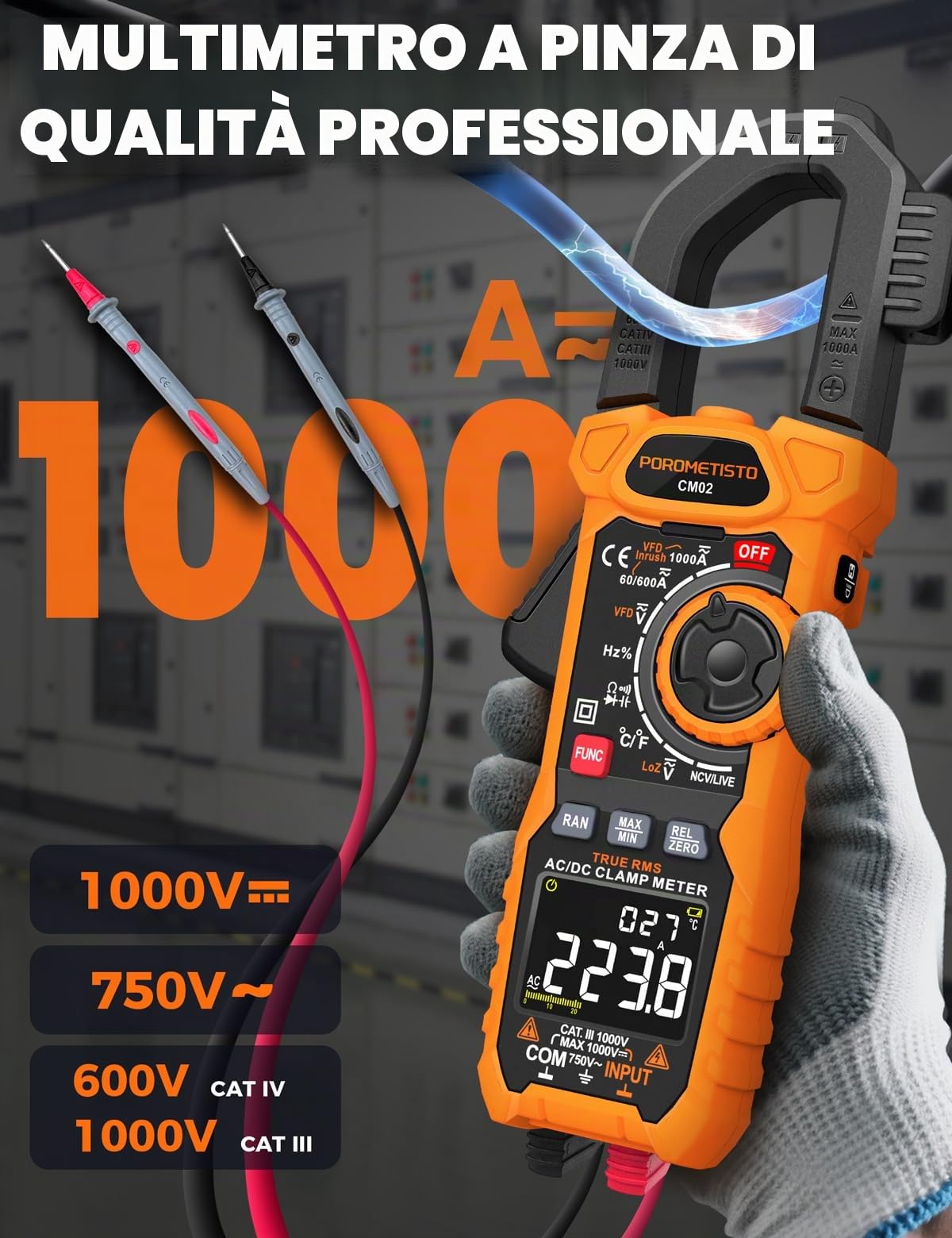 Pinza Amperometrica Professionale 6000 Counts TRMS 1000 A con VFD e LoZ, Voltmetro Amperometro CM02 CA 750V/CC 1000V, Misura AC/DC, Corrente d'Avviamento, NCV, Temperatura, Capacità