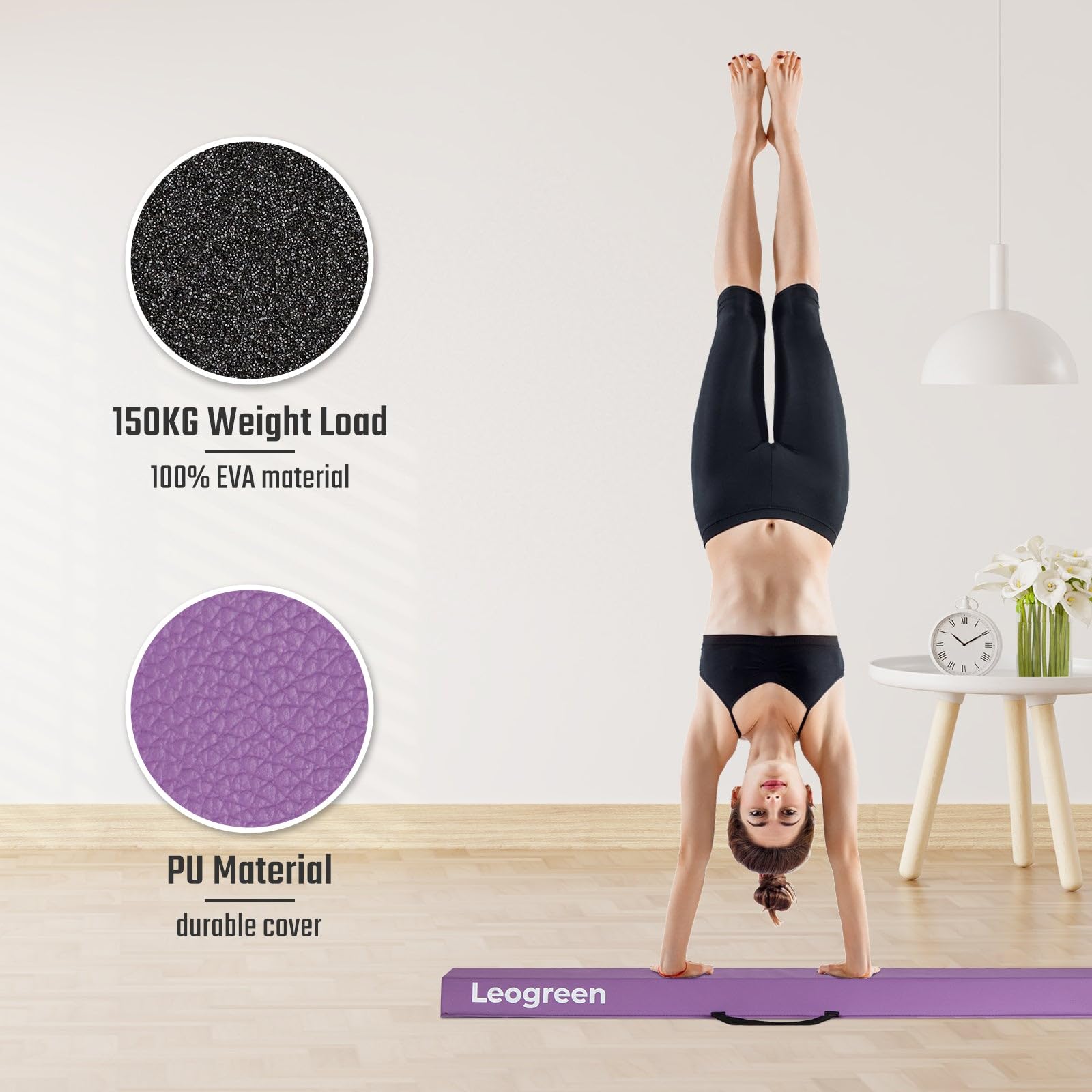 Leogreen Poutre Gymnastique Pliable 240/270cm Cuir de PU Poutre d'équilibre Equipement d'entraînement de Gymnastique avec Fond Antidérapant pour Enfants, Débutants et Gymnastes Professionnels