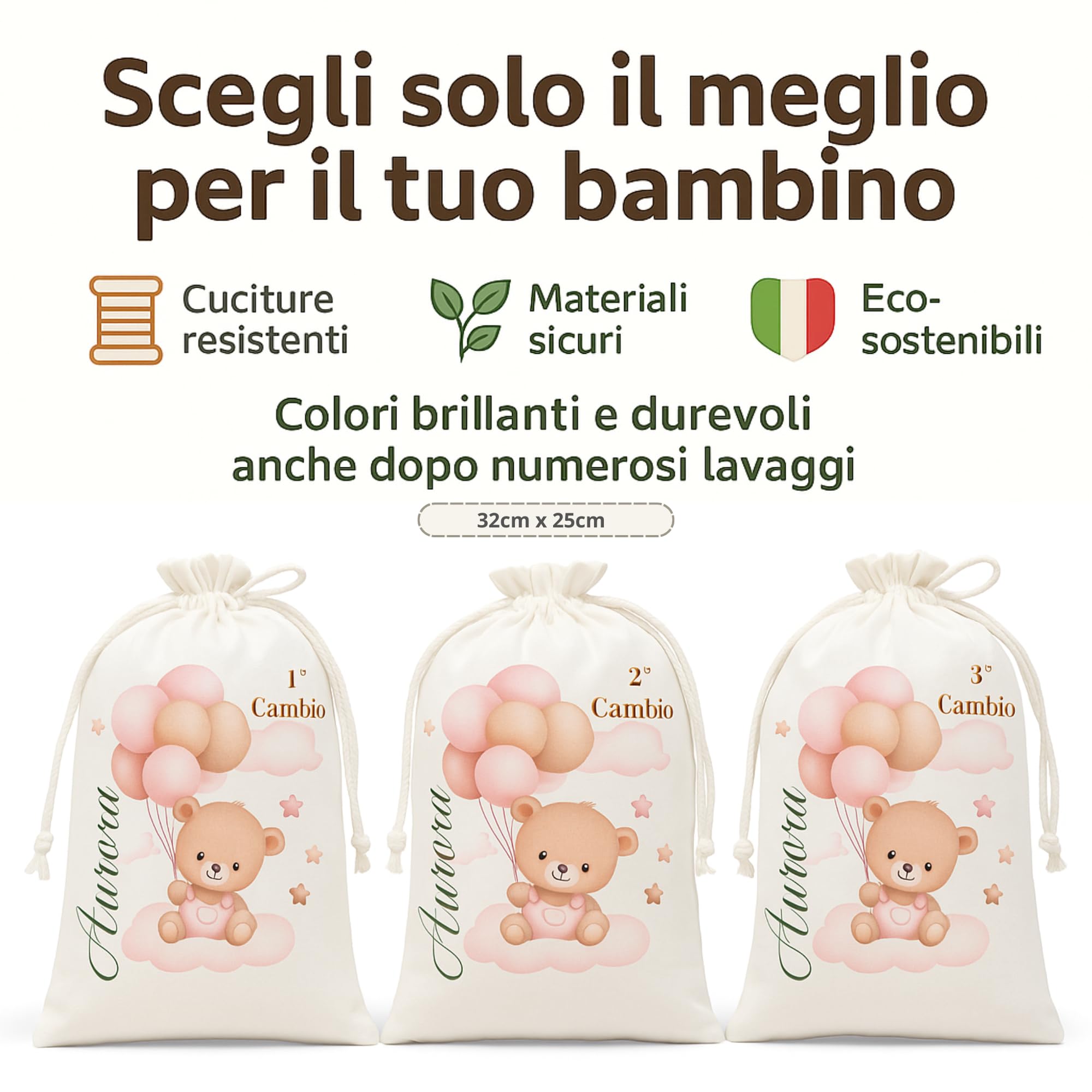 Sacchetti Primo Cambio Ospedale Personalizzati con Nome – Set Nascita Neonato Bimbo/Bimba – Sacchetto Corredino Maternità – Idea Regalo Baby Shower – Made in Italy