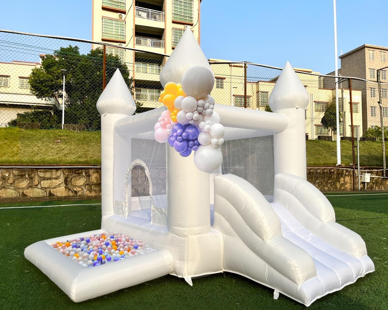 Oxford White Bounce House, 8.58x8.58x7ft Inflatable Jumping Castle with Slide & Ball Pit & Air Blower for Kid, Durable and Easy to Set up, Outdoor Indoor