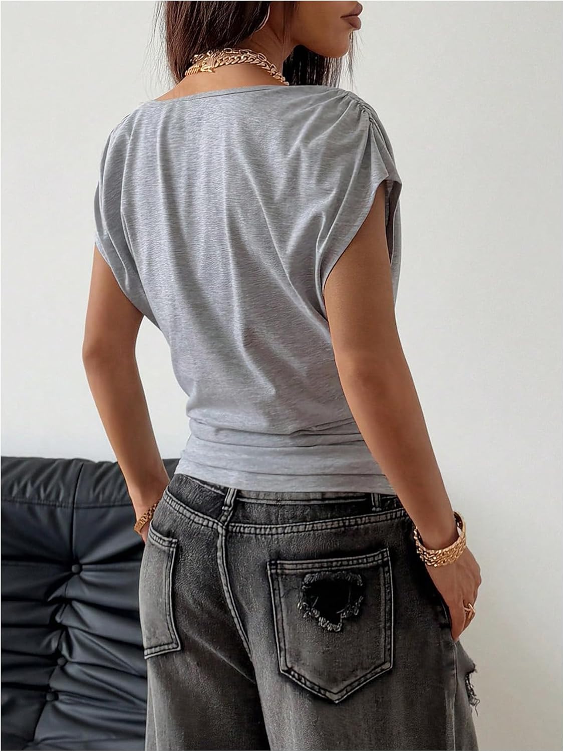 Verdusa Women's Wrap V Neck Ruched T Shirts Short Sleeve Going Out Tops - Image 2