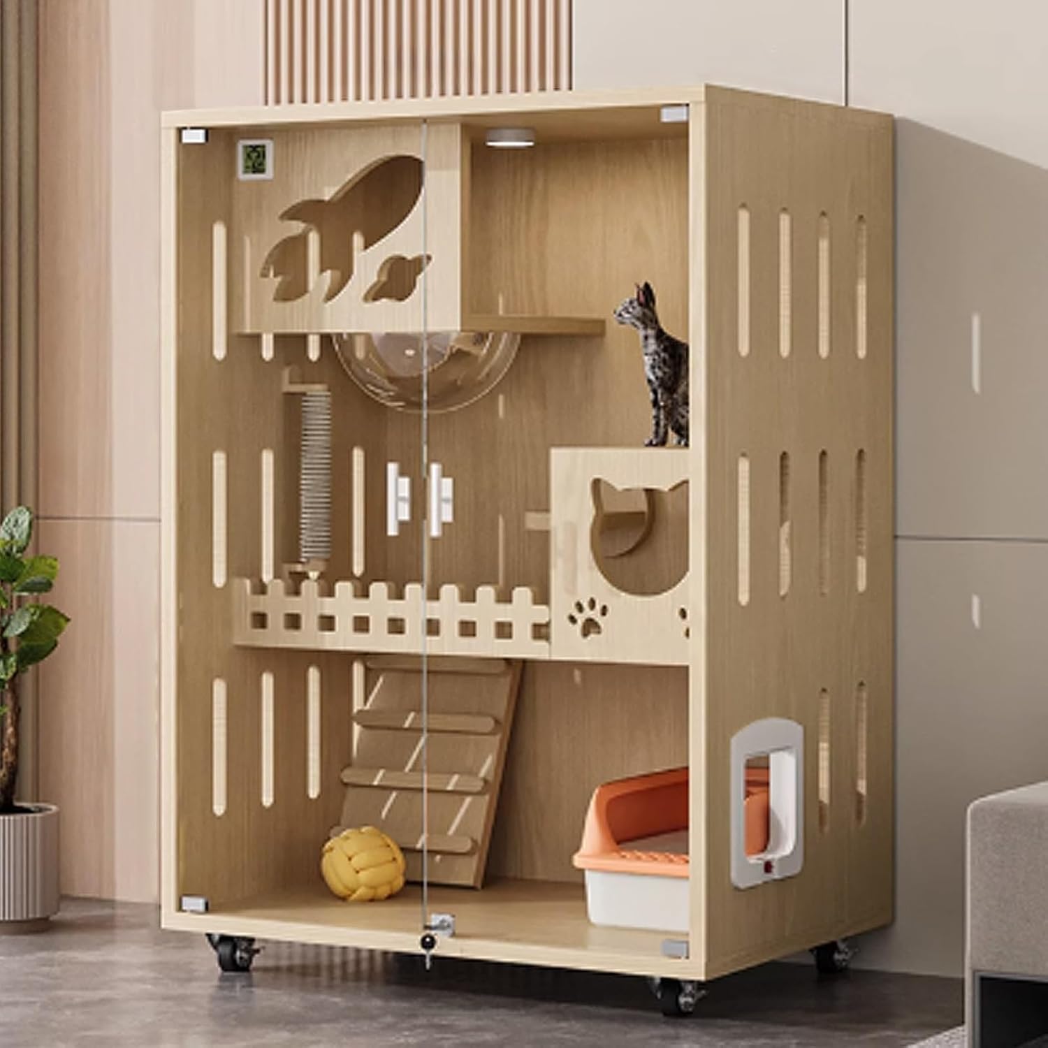 Cat Cage Wood, Cat Enclosures, Enclosed Cat Playpen, Catio Indoor Cat Enclosure with LED Night Light and Universal Wheels for Small Animals(White,90x60x120cm)