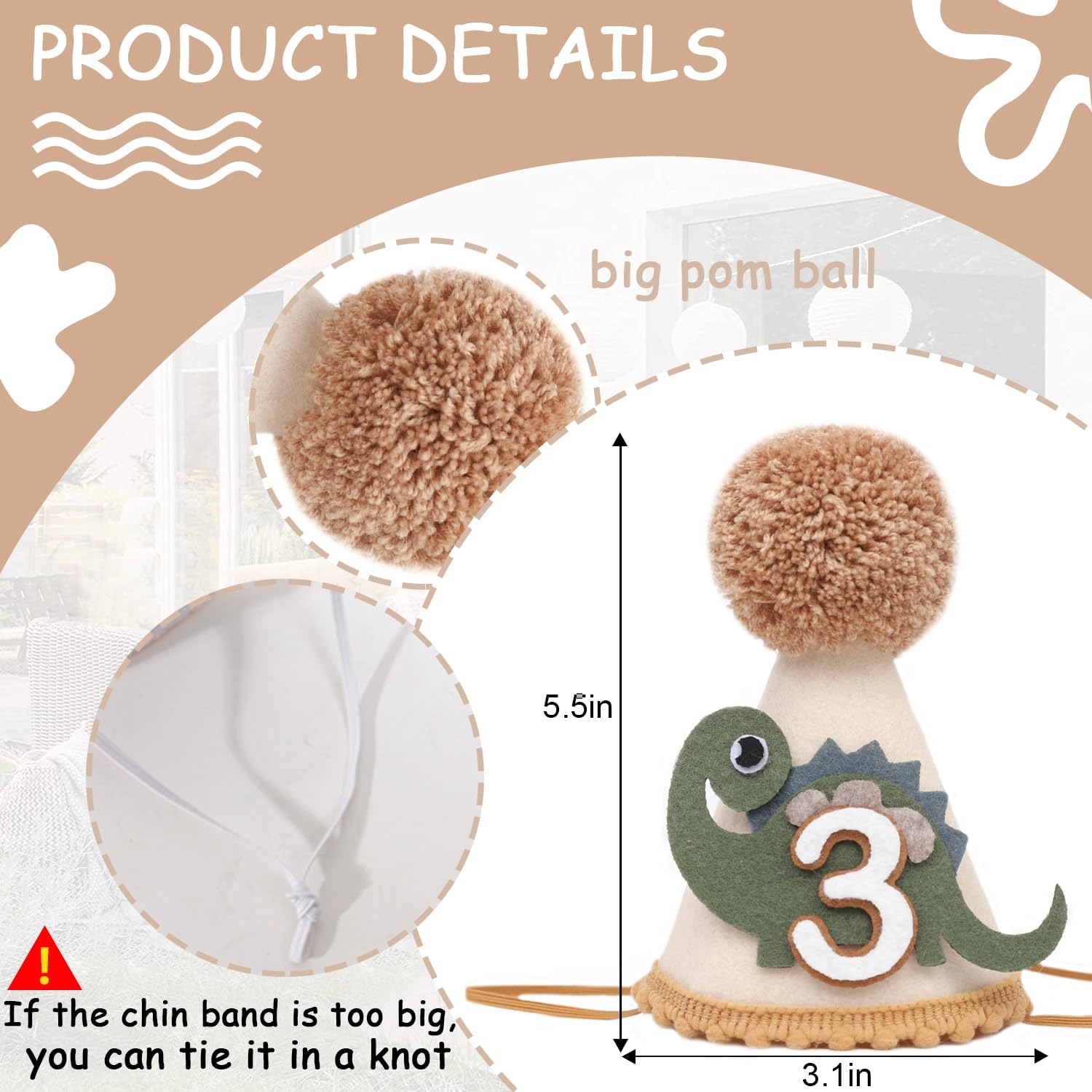 PATRDIO Dinosaur Birthday Hat - Third Dinosaur Birthday Party Decorations, Wild Dinosaur Cone Hat Photo Props 3nd