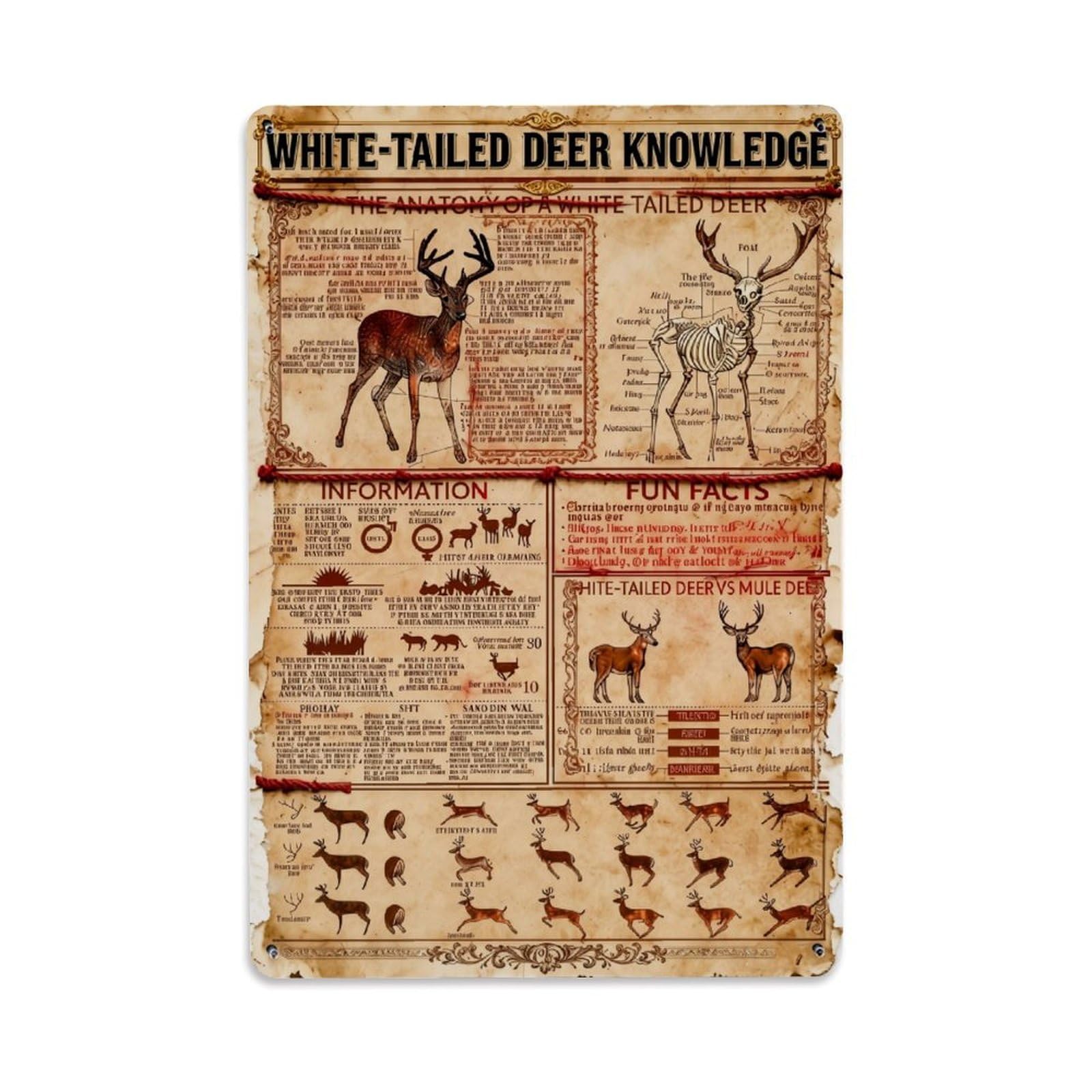 Nestemfo Vintage White Tailed Deer Knowledge Poster Tin Sign Metal Sign, Living Room,Bar, Home, Bedroom Wall Decor,Retro Metal Poster 8X12 Inches