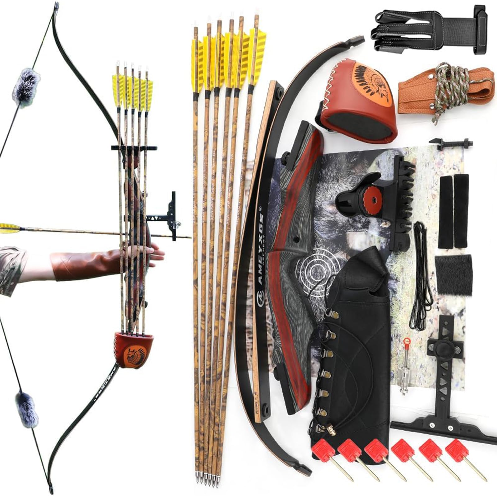 62" Takedown Arco Ricurvo Set Archi Ricurvi e Freccia per Adulti Principianti 20-50Lbs Arco da Caccia Mano Destra Arco di Legno Riser per la Caccia Tiro al Bersaglio