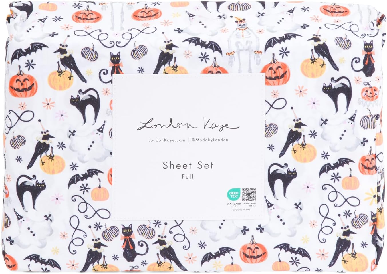 London Kaye Halloween Sheet Set (Black Cats with Bows, Queen)