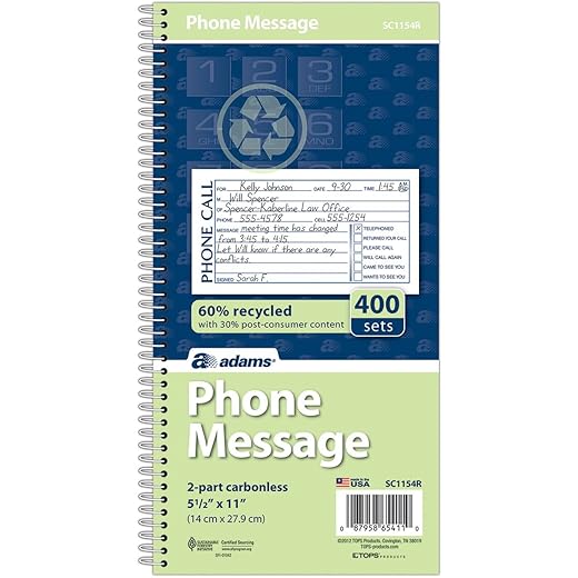 Adams Recycled Phone Message Book, 2-Part Carbonless, 4 Messages per Page, 400 Sets/Book (SC1154R)