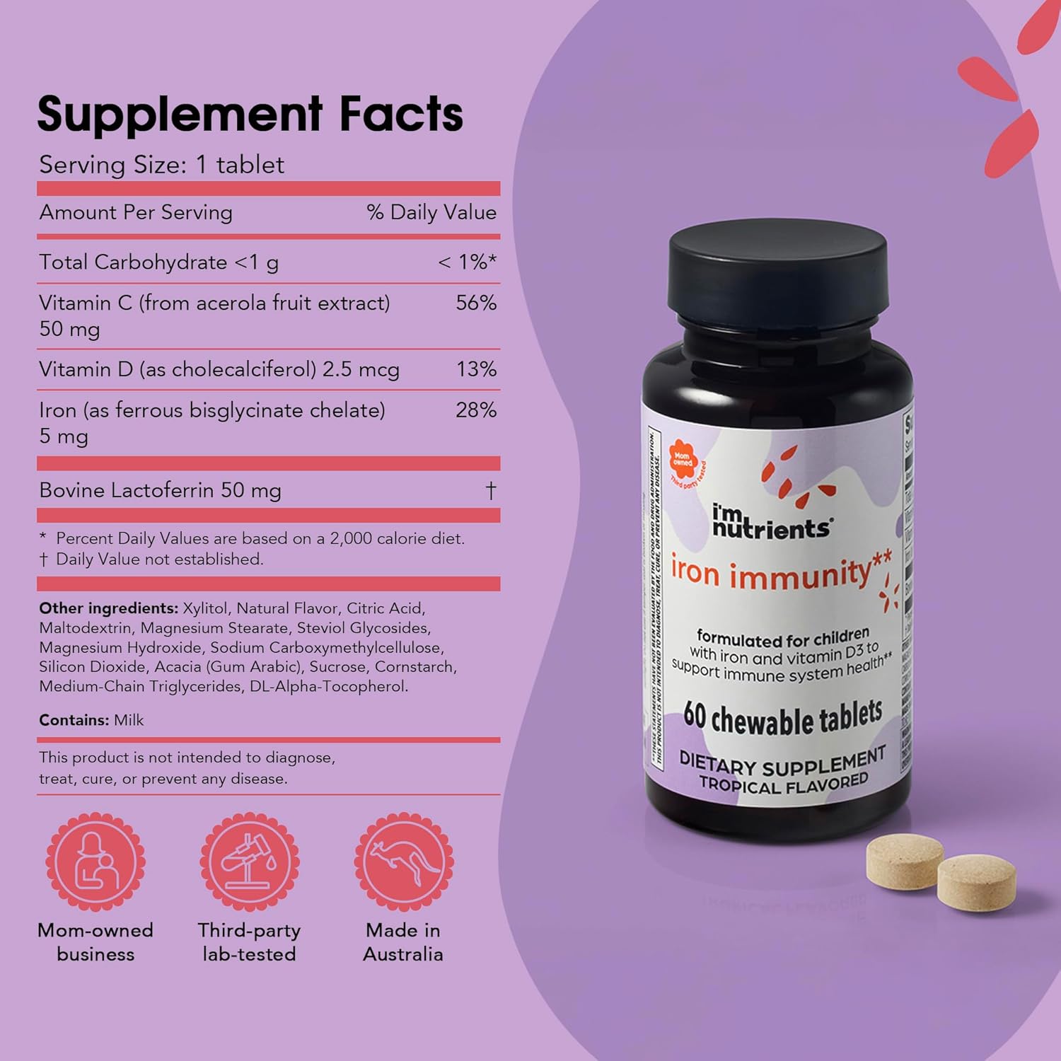 I’m Nutrients Iron Immunity | Iron Supplement for Kids | Kids Vitamin with Iron | Immune Support | Vitamin C and D3 | Naturally Flavored | No Artificial Ingredients | 60 Chewable Tablets