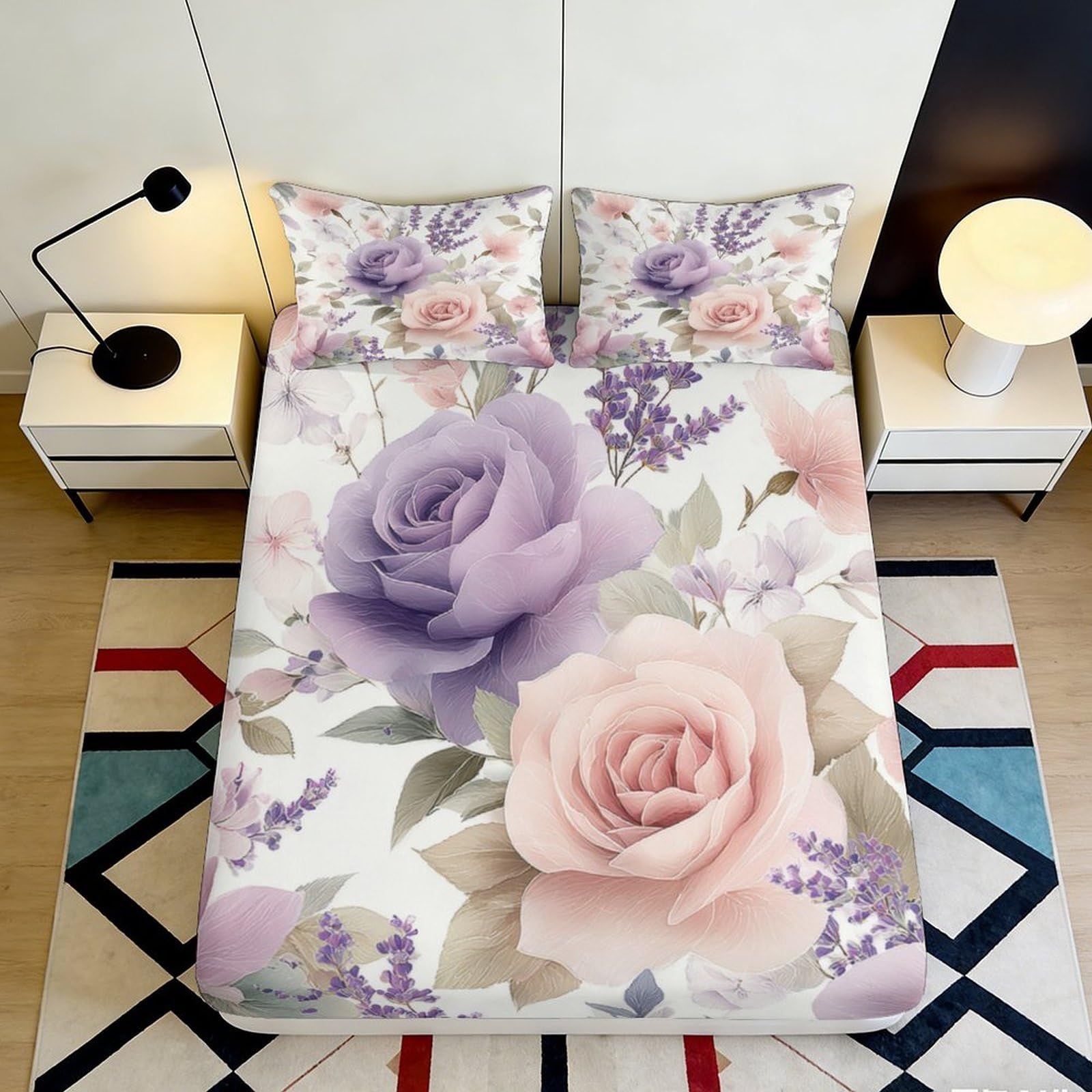 Qjzxknhpgr Style-6 3D Printed Purple Rose Fitted Sheet Microfiber Soft Floral Pink Blossom Mattress Cover For Bedroom Guest Room Decor 90X200x25cm