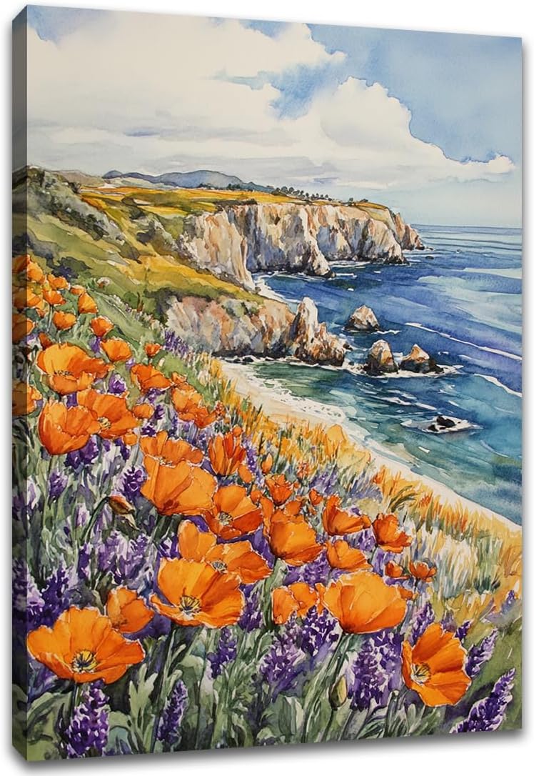 Coastal Orange Daisy Poppy Wall Art,Ocean Seascape Seaside Wildflower Flower Pictures Art Prints,Nature Landscape Paintings for Living Room Bedroom Kitchen Farmhouse Cottage,12"x18" Framed