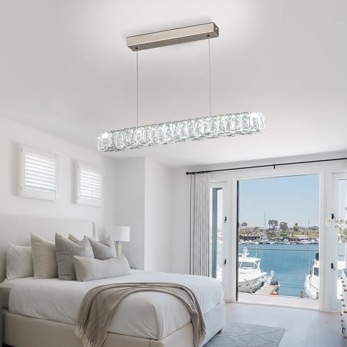Miniatura 6 de Candelabro de cristal moderno colgante para comedor, lámpara LED de altura ajustable para cocina, isla, sala de estar, dormitorio (blanco frío, 6500