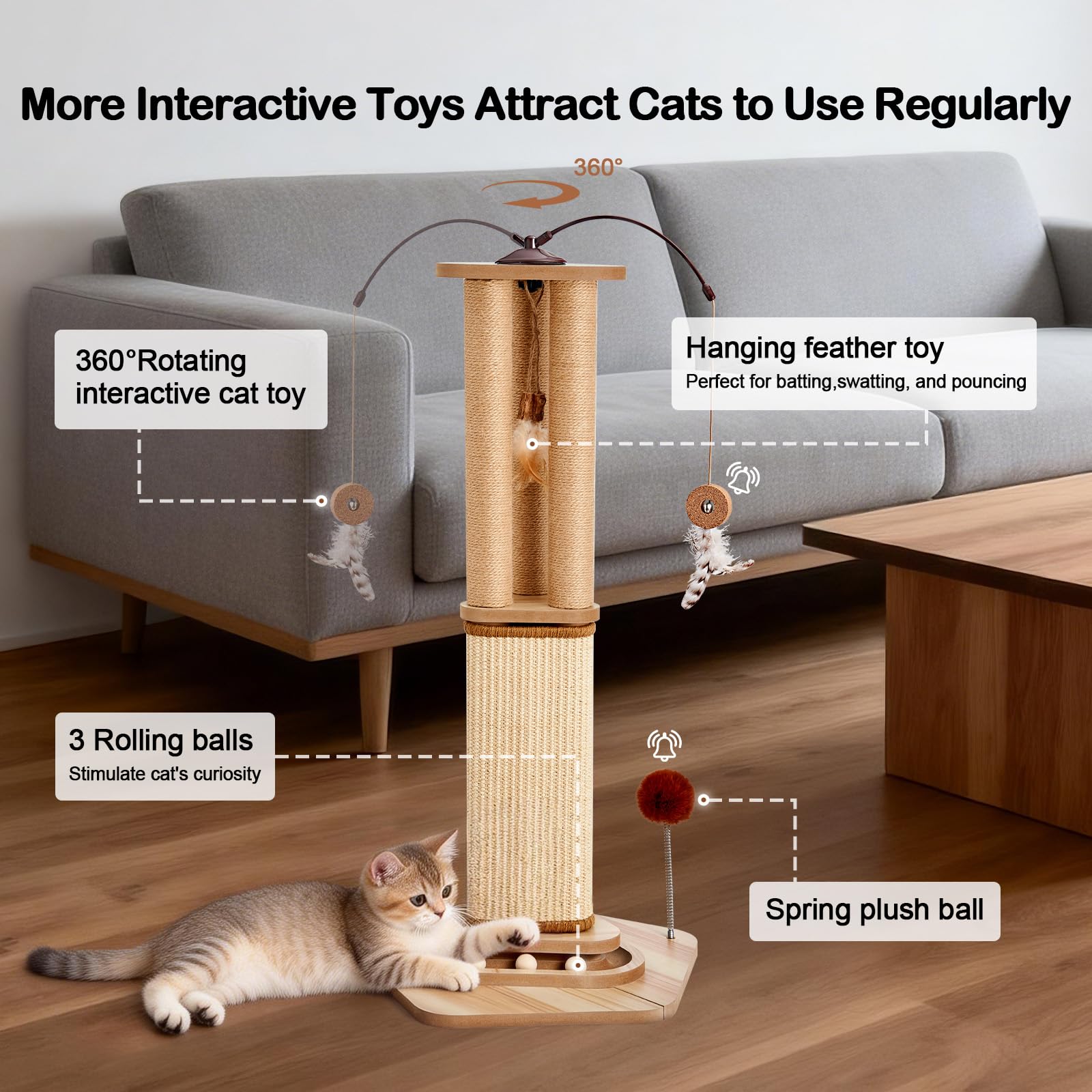 Odoland Kratzsäule, Kratzbaum für groß Katzen Cat Scratching Post XXL Sisalseil stabil Katzenbaum hoch 86cm mit interaktivem Laufball, 360° drehbares Katzenspielzeug