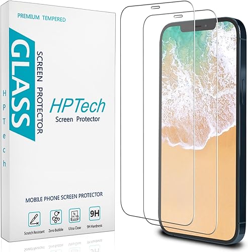 HPTech (2 unidades) Protector de pantalla de vidrio templado para iPhone 12 Pro Max de 6.7 pulgadas, antiarañazos, sin burbujas, compatible con