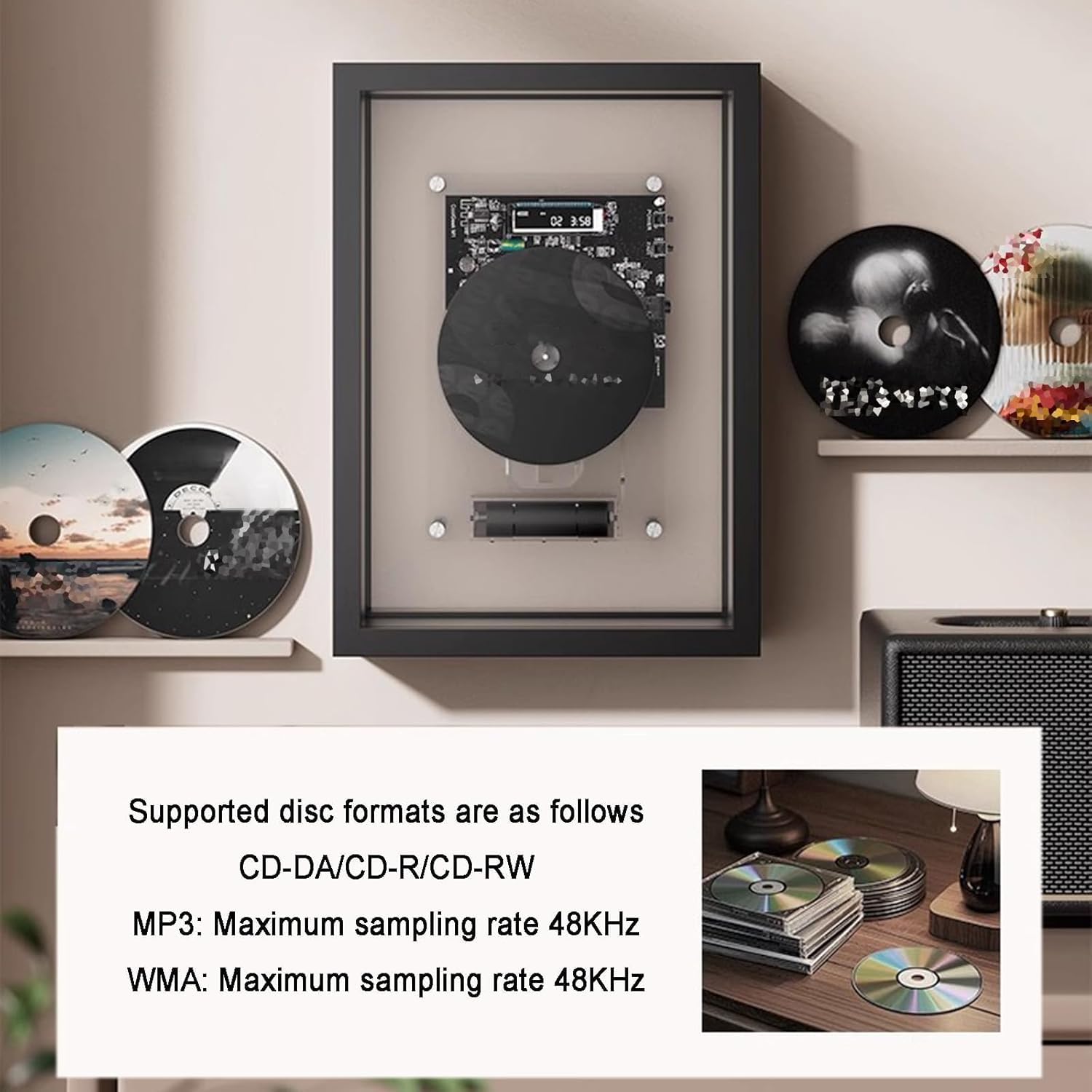 Lettore CD Music Frame con telecomando, Bluetooth 5.0/uscita AUX da 3,5 mm, schermo digitale a LED, qualità audio senza perdita per casa, galleria, ufficio