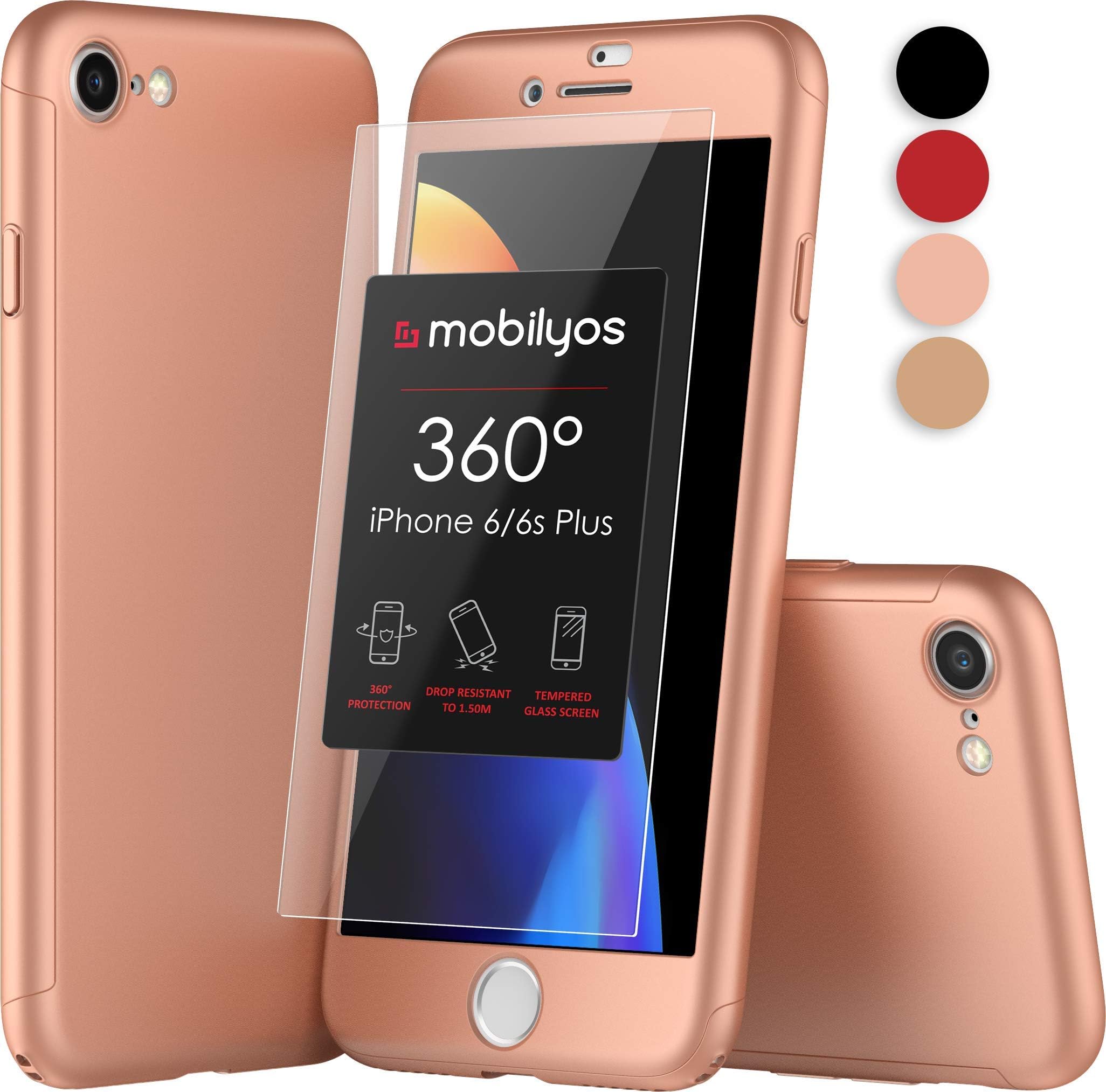 Mobilyos iPhone 6s PLUS/6 PLUS Case 360 Full Body Protection Hard Slim Case with Tempered Glass Screen Protector for Apple iPhone 6s PLUS/6 PLUS (Rose Gold)