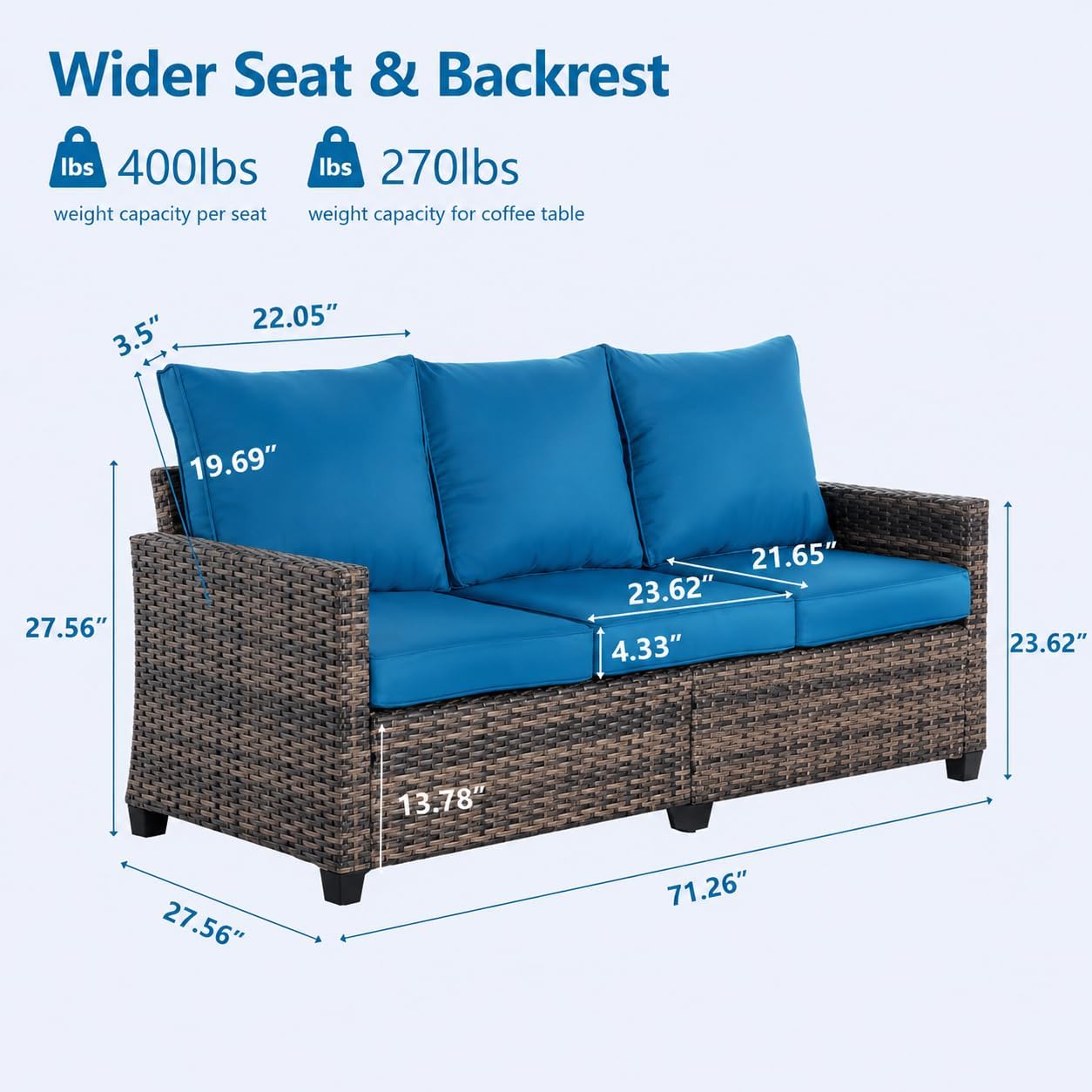 TARKARI All Weather Wicker Patio Couch, 3 Seats Patio Sofa with High Curvy Back, Outdoor Sofa with Brown Wicker and Thick Cushions for Garden, Backyard, Porch, Peacock Blue