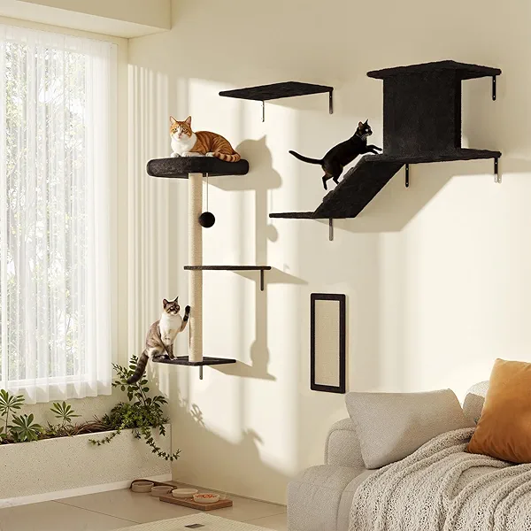 Cat Wall Shelves, Set of 5 Cat Wall Furniture Includes Scratching Post with 3 Steps, Condo, Bridge, Platform and Scratcher Board for Kittens