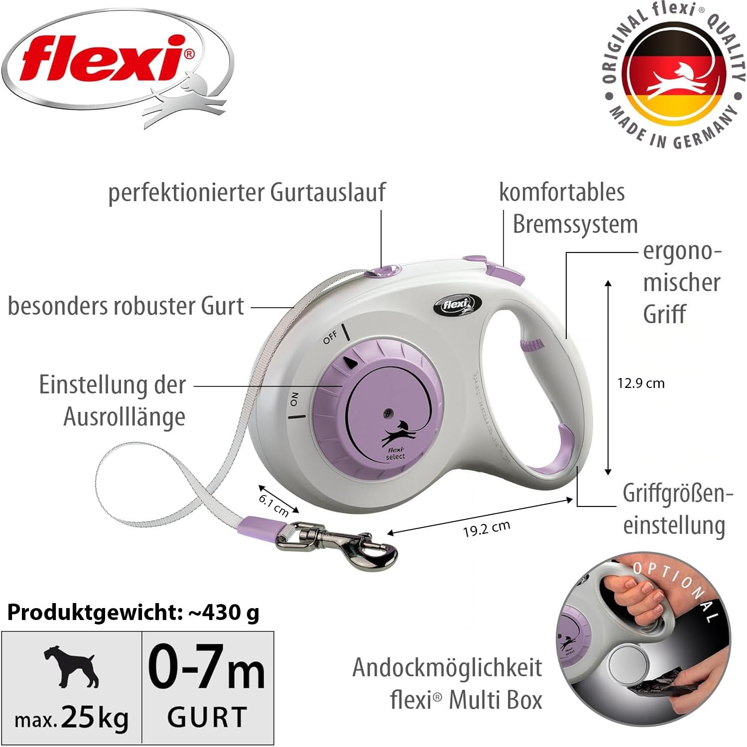 Flexi® Select M | Laisse à Enrouleur à Sangle réglable Entre 0-7 m | Gris/Violet | Laisse rétractable pour Chiens jusqu'à 25 kg | Poids : 440 g | Dimensions : 12,9 x 19,2 cm