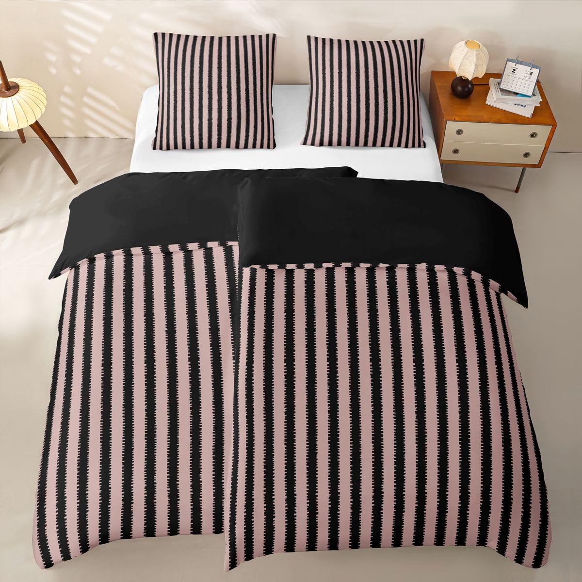 Homewish Streifen Kinder Schwarz Rosa Bettwäsche 135x200 Set 4teilig