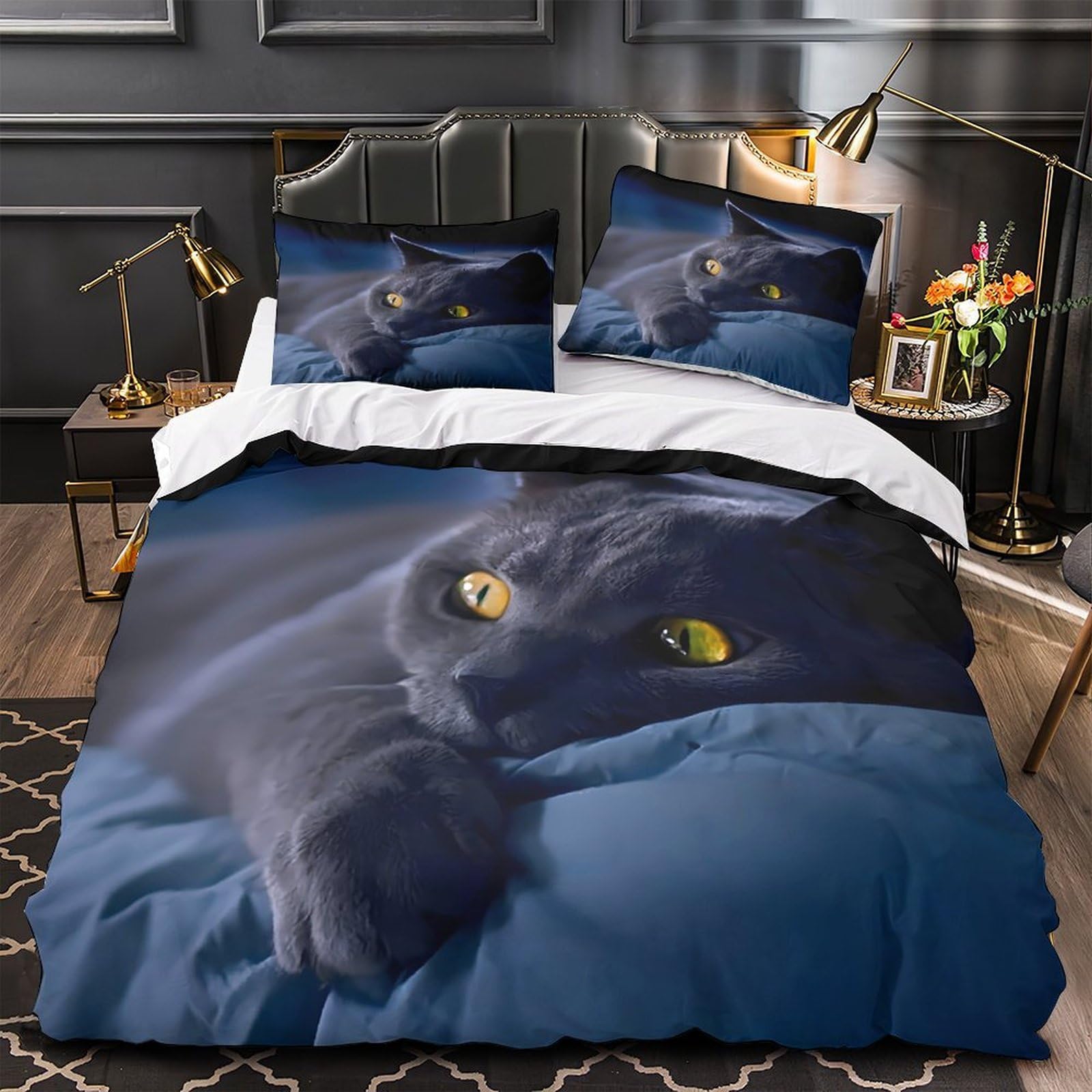 Housse de couette microfibre yeux de chat gris parure de lit imprimé 3D 140x200