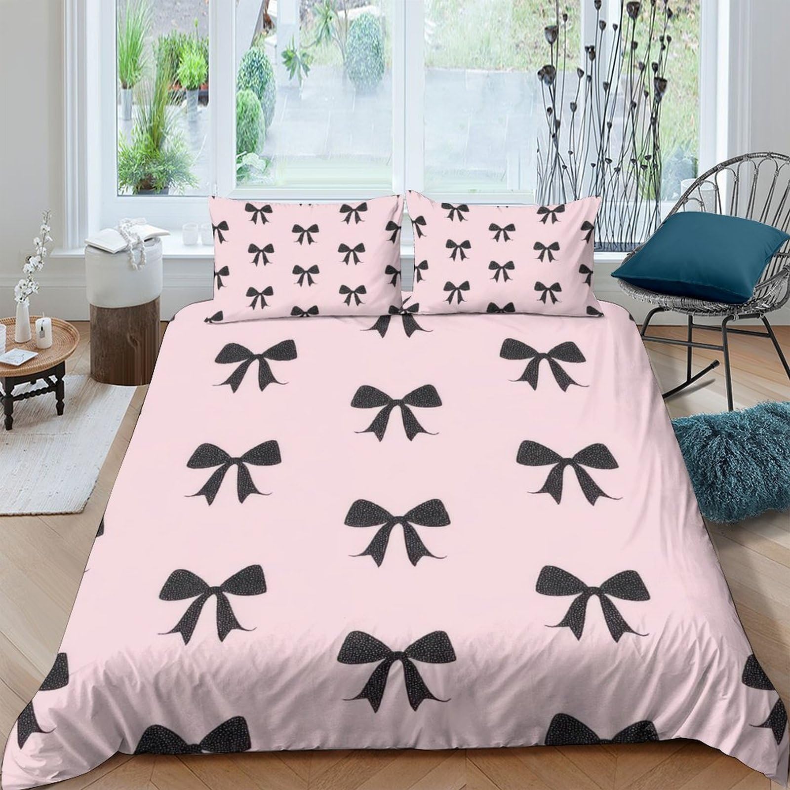 Ctjqhvkz Style-9 3D Printed Pink Bow Fitted Sheet Microfiber Soft Anti-Slip Black Ribbon Bed Cover For Bedroom Guest Room Easy Care Single（135X200cm）