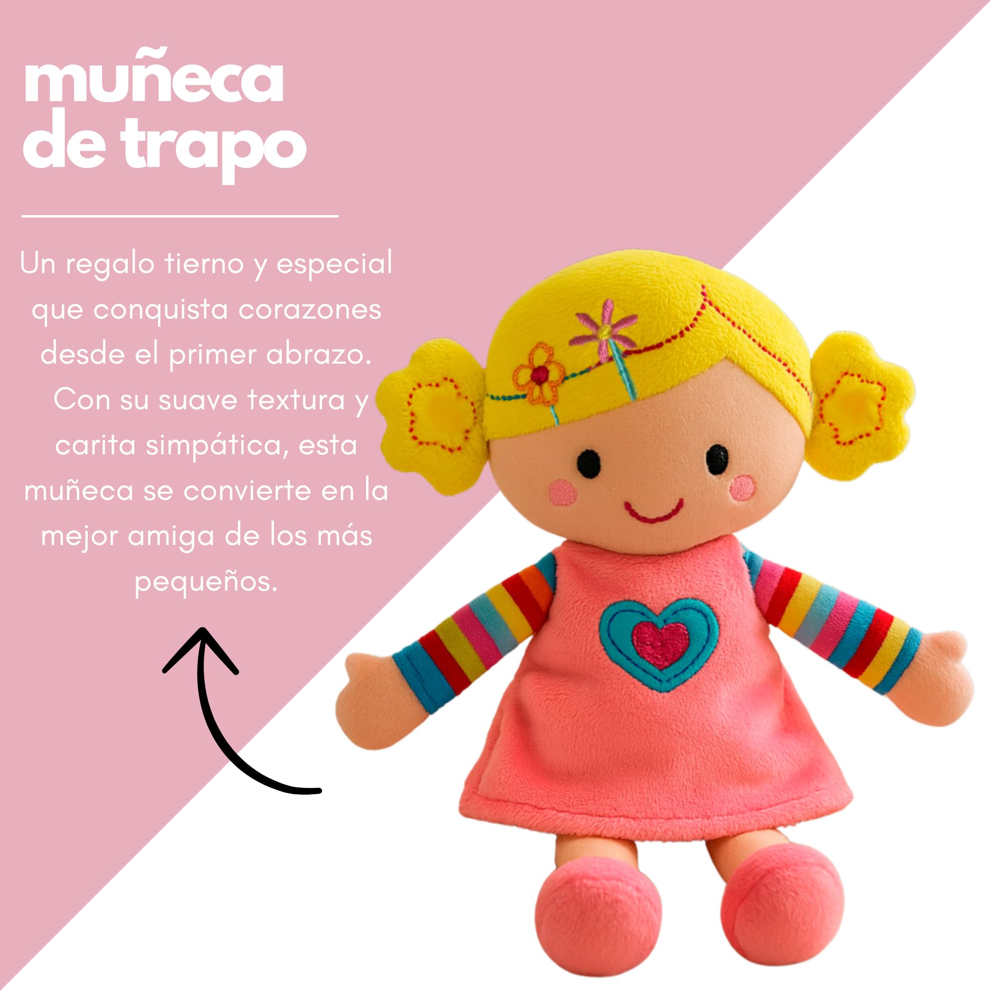 Peluchilandia Muñeca de Trapo Personalizada - Regalo Bebe 1 año - Muñecas para niñas 2 años y más - Tacto Muy Suave 25cm Personalizadas con su Nombre para un Detalle Especial