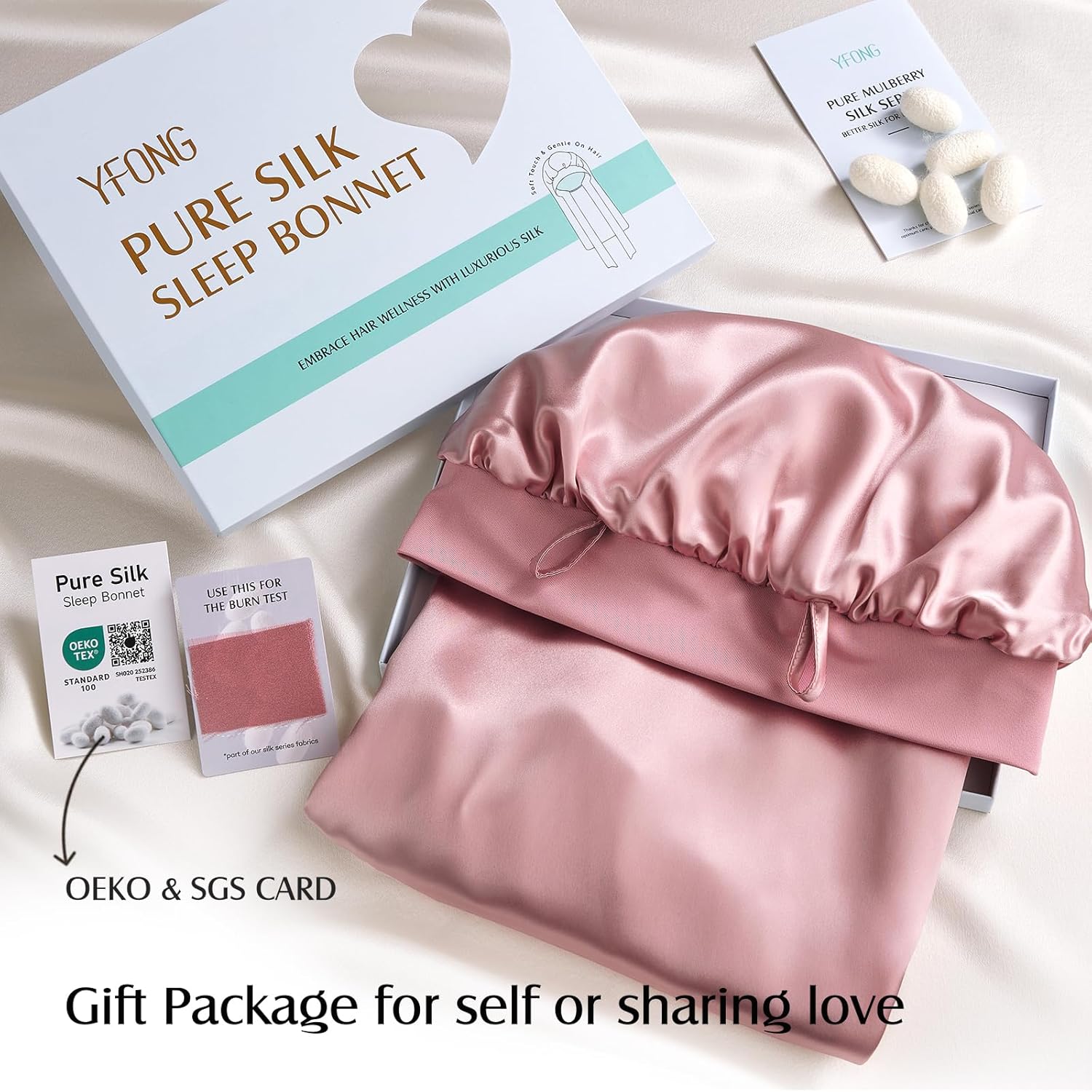 YFONG Double-Layered 100% Pure Mulberry Silk Bonnet for Long Hair, 22 Momme Silk Hair Bonnet for Sleeping with Elastic Tie Band, Real Silk Sleep Cap for Women Long Curly Hair, Pink