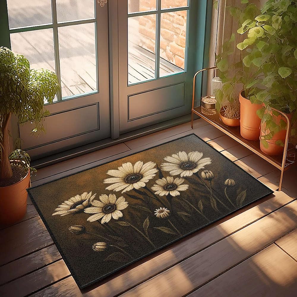 Tapis d'entrée intérieur 65x90 cm imprimé fleurs blanches pour paillasson cuisine d'automne