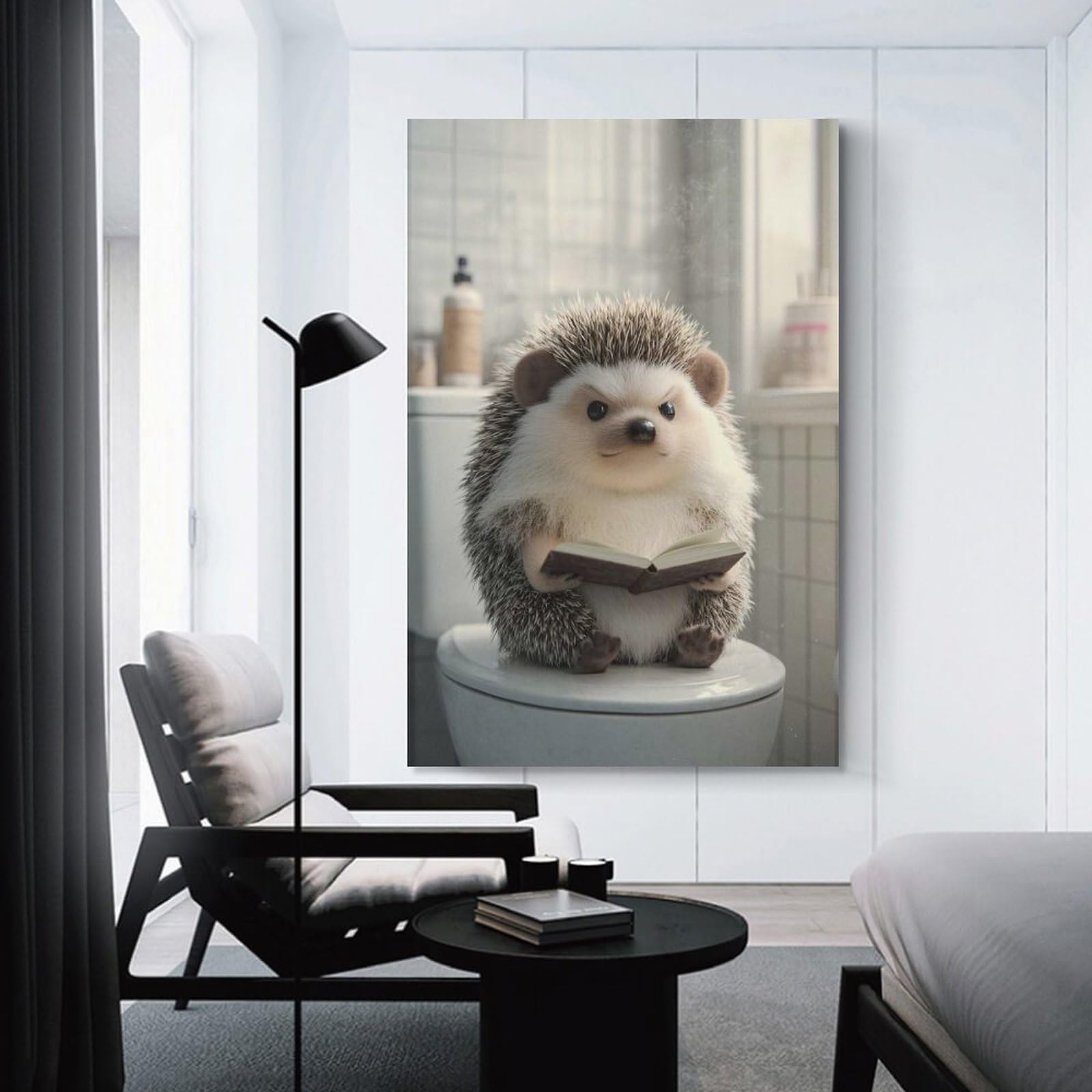 Junmoney Canvas Wall Decor Hedgehog Reading on A Toilet, 24x36inch(60x90cm), for Lounge Decor, Bedroom Walls Or Flats, Eye Catching Artwork for Blank Walls