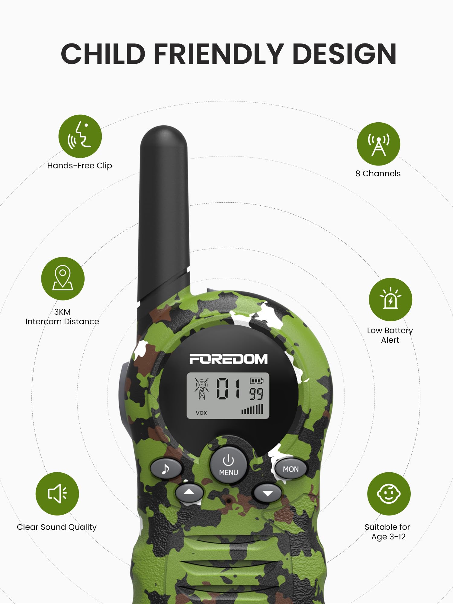 FOREDOM Walkie Talkies for Kids Walkie Talkies Long Range for Boys & Girls Age 3 to 12 Year Old Birthday Cool Army Toys - 3 Pack - Image 3