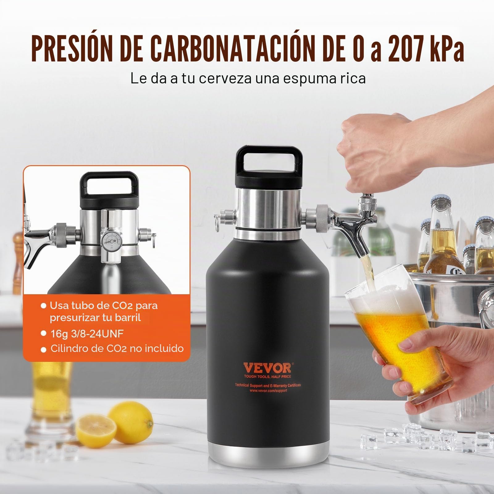 VEVOR Mini Barril de Cerveza Portátil 128Oz 4L Mini Barril Presión Ajustable 0~30PSI de Acero Inoxidable Sistema de Grifo Aislado a Presión para Mantener Cerveza Carbonatada Fresca para Camping Pícnic