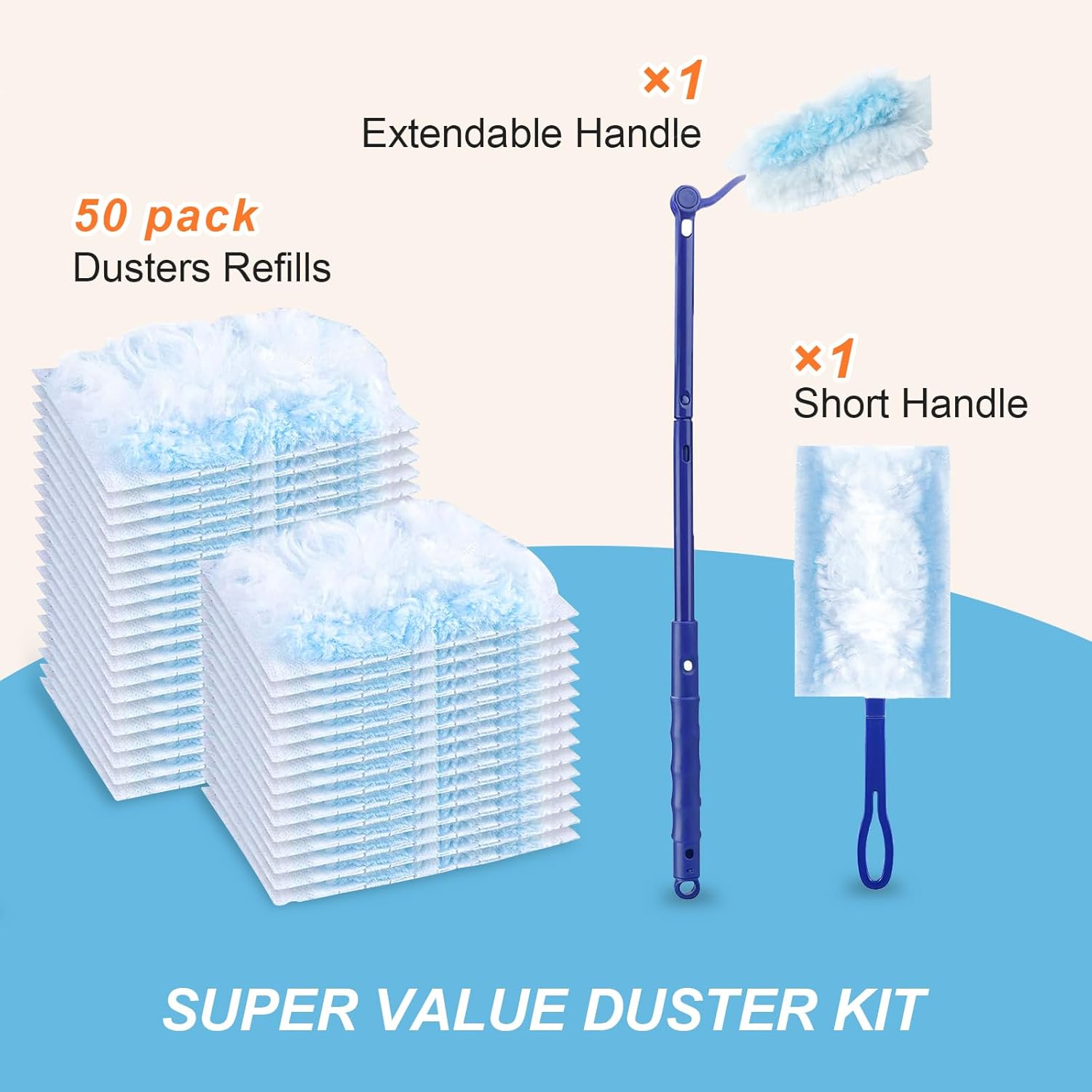 50 Count Duster Refills Kit for Swiffe Duster, One-Sided Electrostatic Duster with 2 Handles, Heavy Duty Dusters Refills Replacement for Cleaning Home, Blinds, Fans, Corners
