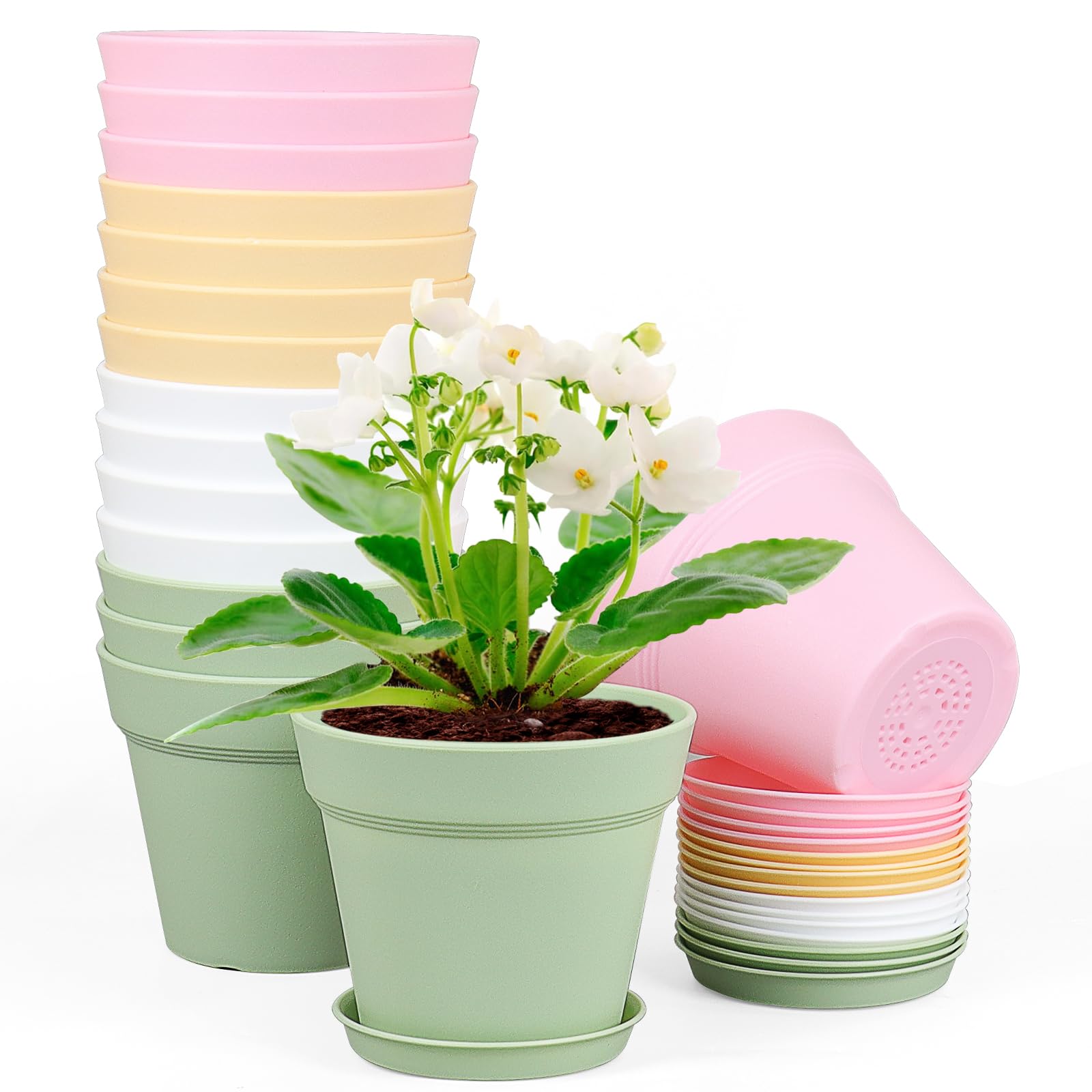 Meowell 6 inch Plastic Nursery Pots, 16 Pack Plant Pots for Indoor Outdoor Plants, Flower Pots with Drainage Holes and Saucers, Decorative Seedling