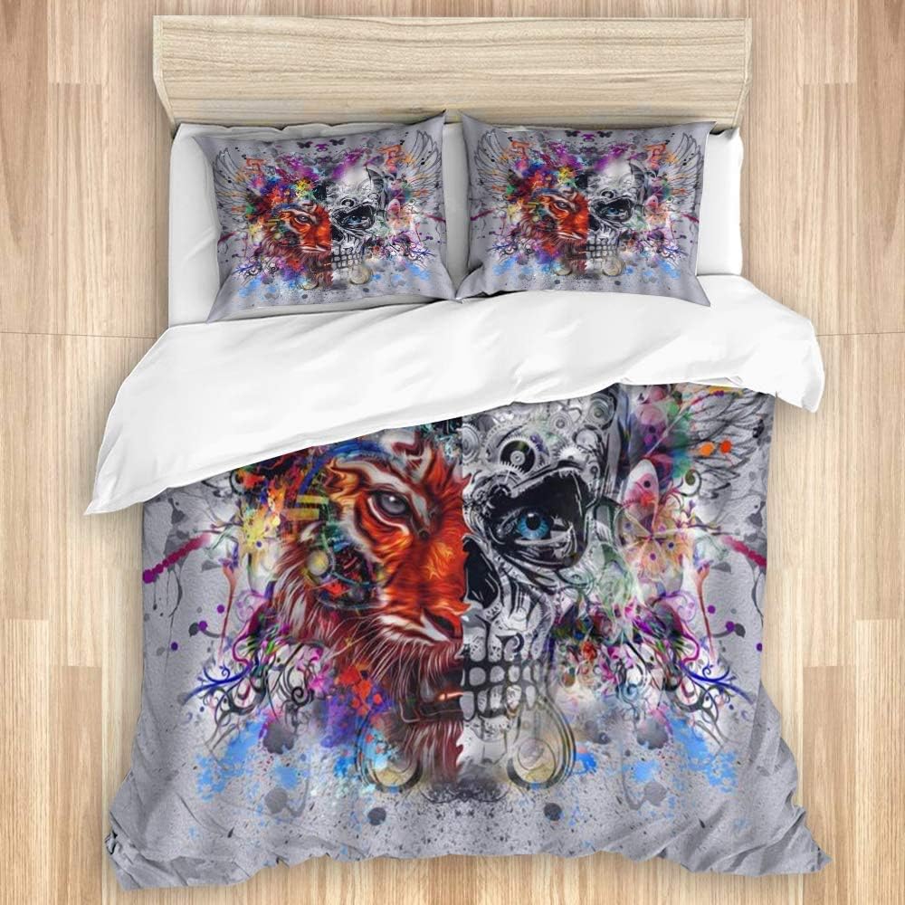 823 KAEVO Duvet cover with Pillowcase Quilt Bedding set,Creative Sugar Skull Feather Wing Colorful Art Halloween Day of Dead Skeletons Mask Vintage Classic Cool Gothic,135x200 cm