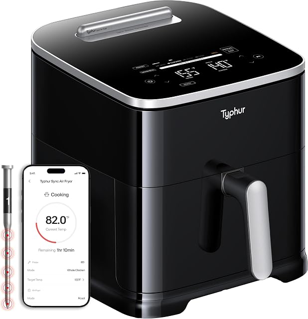 Typhur Sync 8QT Air Fryer with Built-in Wireless Thermometer, 9-in-1 Smart Airfryer with PFAS free Ceramic Nonstick Basket for Quick Easy Meals, Cooks 6lb Whole Chicken, Dishwasher Safe Parts