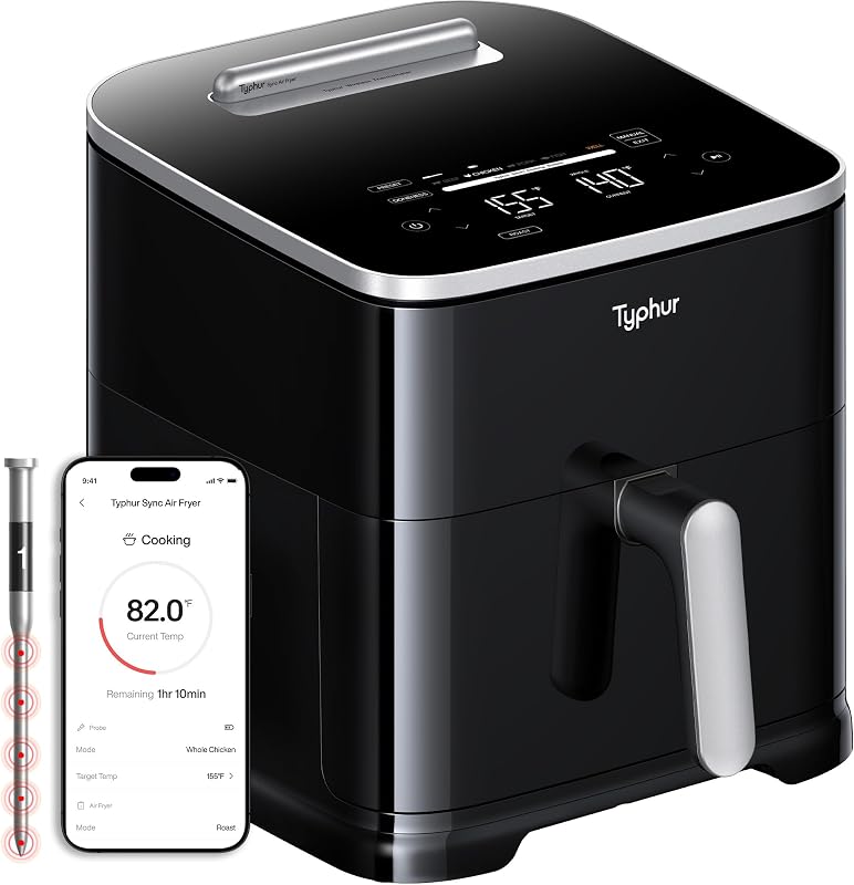 Freidora de aire inteligente Sync 8QT AI con termómetro de carne inalámbrico incorporado | heladera no tóxico XL 9 en 1 | Cesta de cerámica sin PFAS | Máx. 450°F | Se adapta a pollo entero de 6 libras | Silencioso y apto para lavavajillas | 120 V