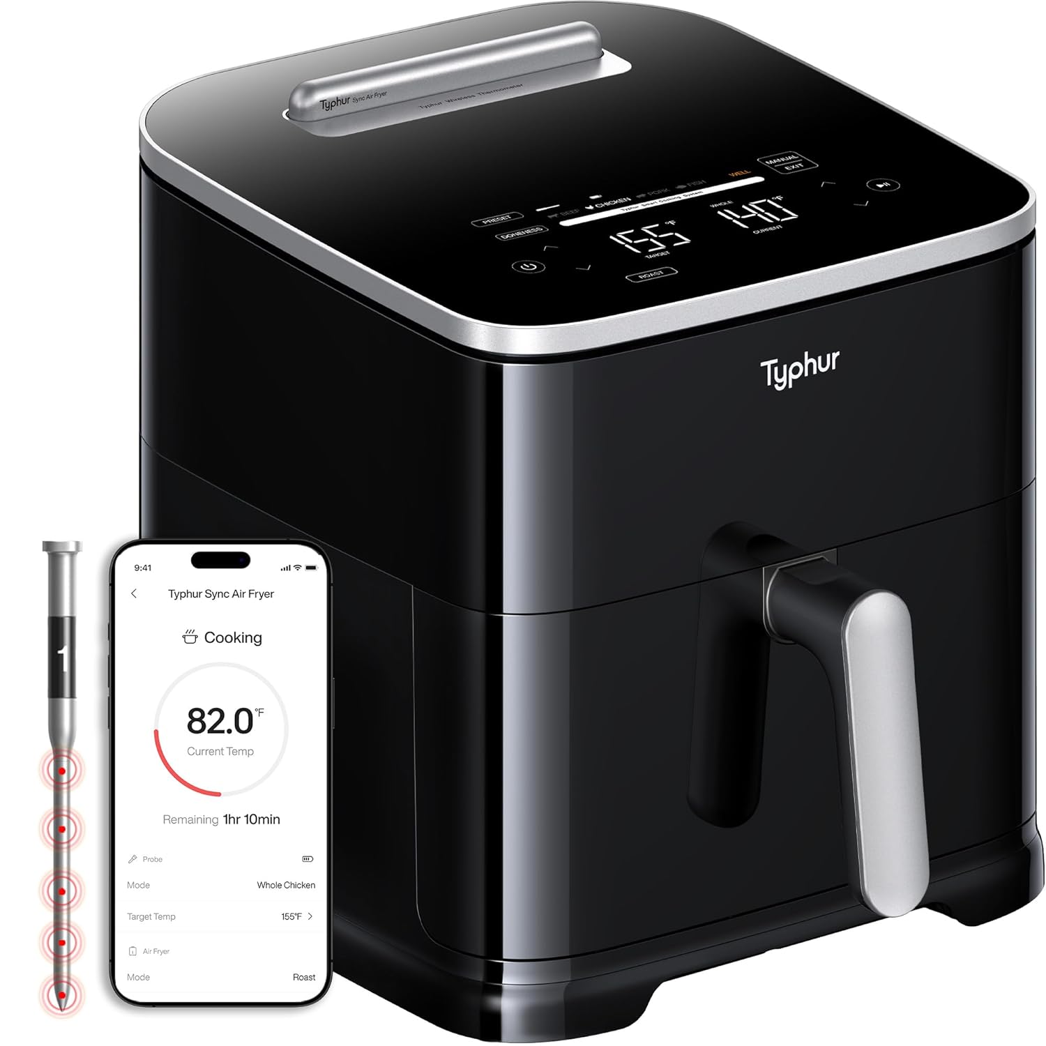 Typhur 8QT Sync Air Fryer with Built-in Wireless Meat Thermometer 9-in-1 Smart Non Toxic Ceramic Airfryer for Quick