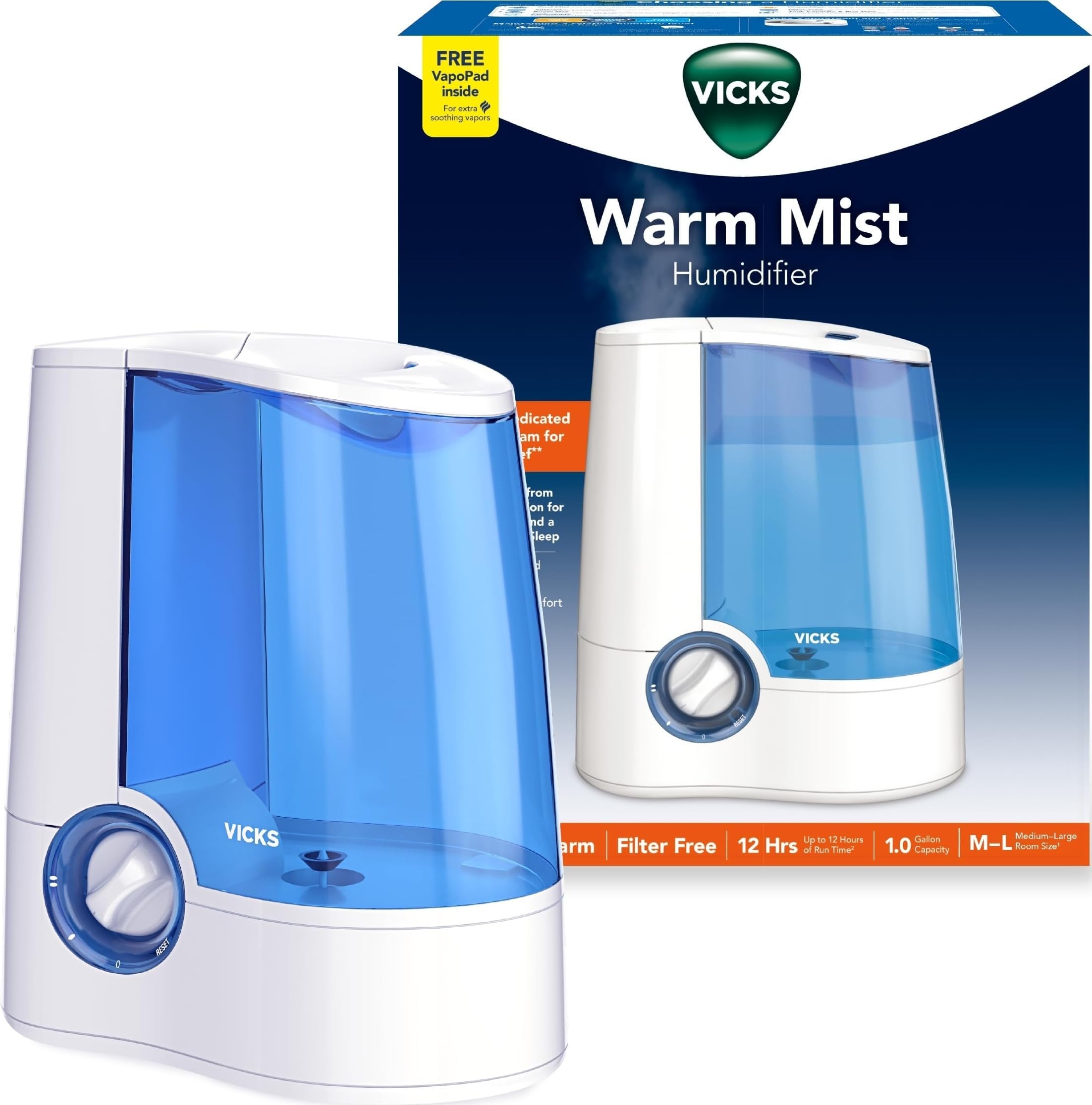Vicks Warm Mist Humidifier for Small to Medium Rooms, White | Filter-Free Operation with a 1-Gallon Tank, Auto Shut-Off, Night Light, Works with VapoPad & VapoSteam