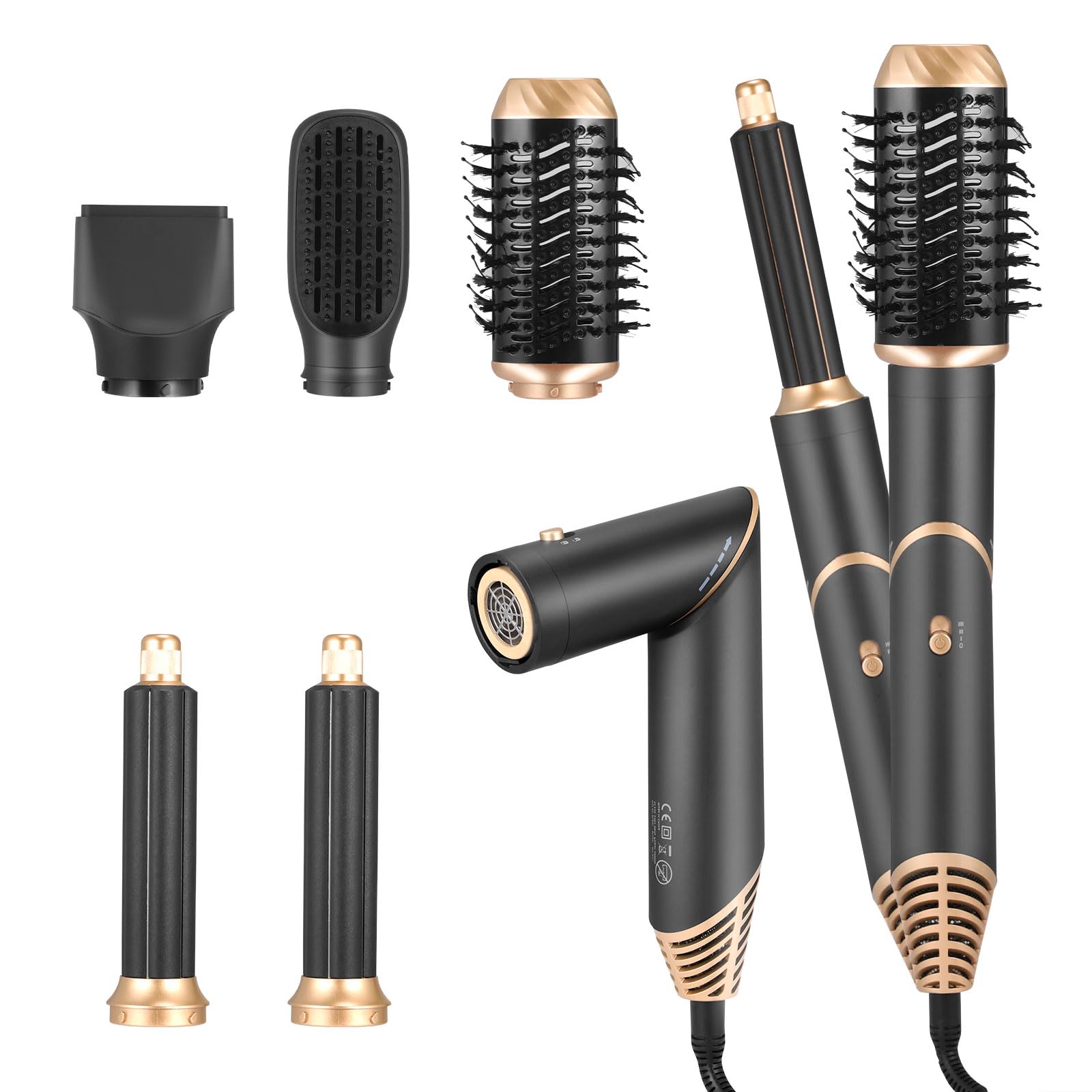 Brosse Soufflante Thermique 6-en-1 Sèche-cheveux Professionnel | Boucleurs Auto-Wrap + Brushing Lisseur | 5 Accessoires Inclus pour Volume, Boucles, Séchage Rapide Sans Dommages