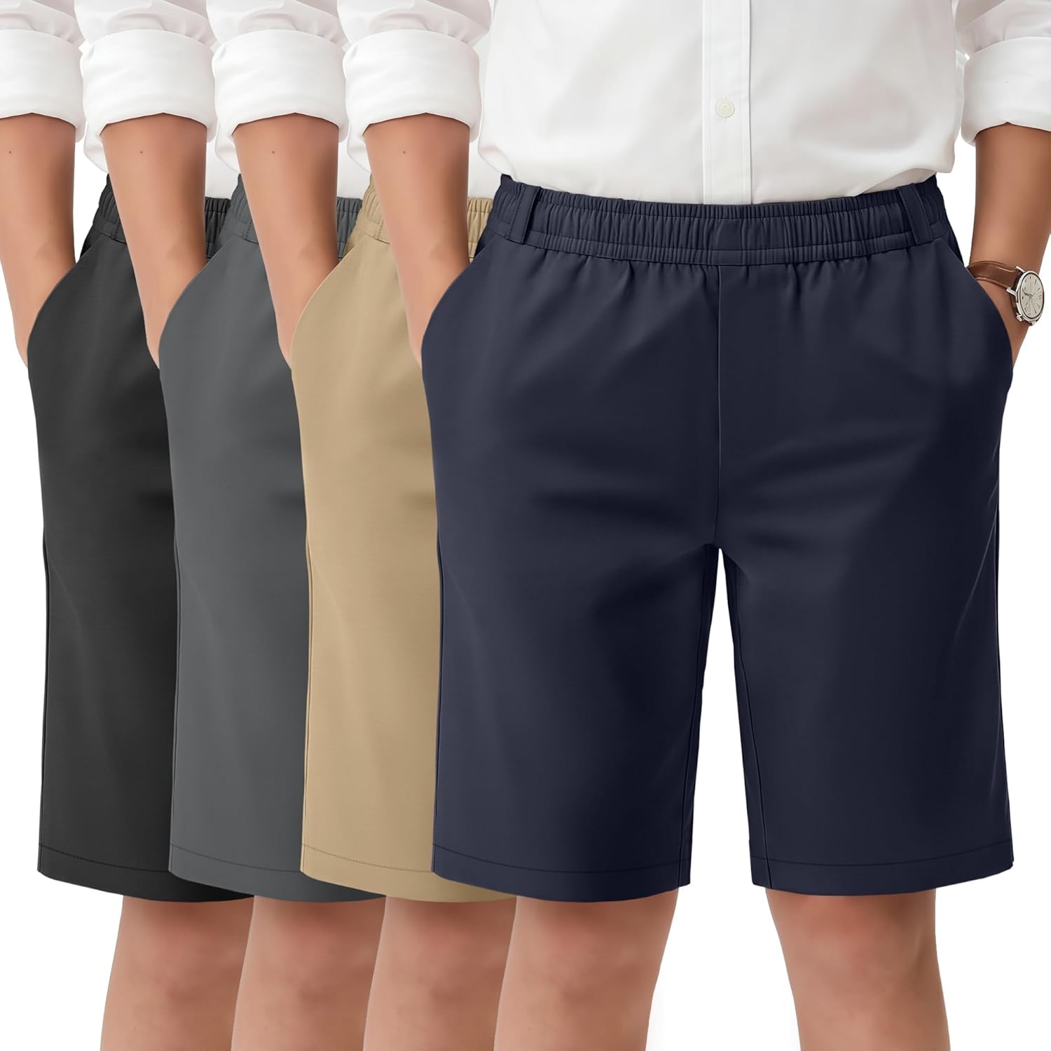 4 Pack Boys' Uniform School Shorts 5-14Y Straight Fit Stretch Dressy Kids Shorts Elastic Waist with Pockets